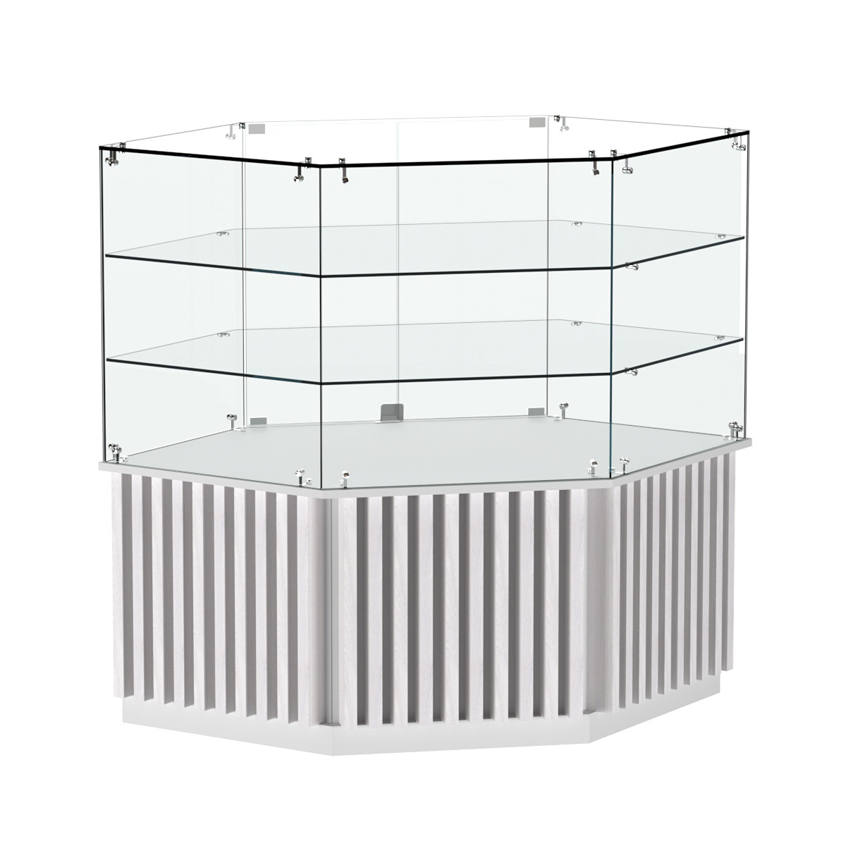 Торговый прилавок низкий шестигранный с планками и двумя полками серии ВЕРТИКАЛЬ №37 Белый