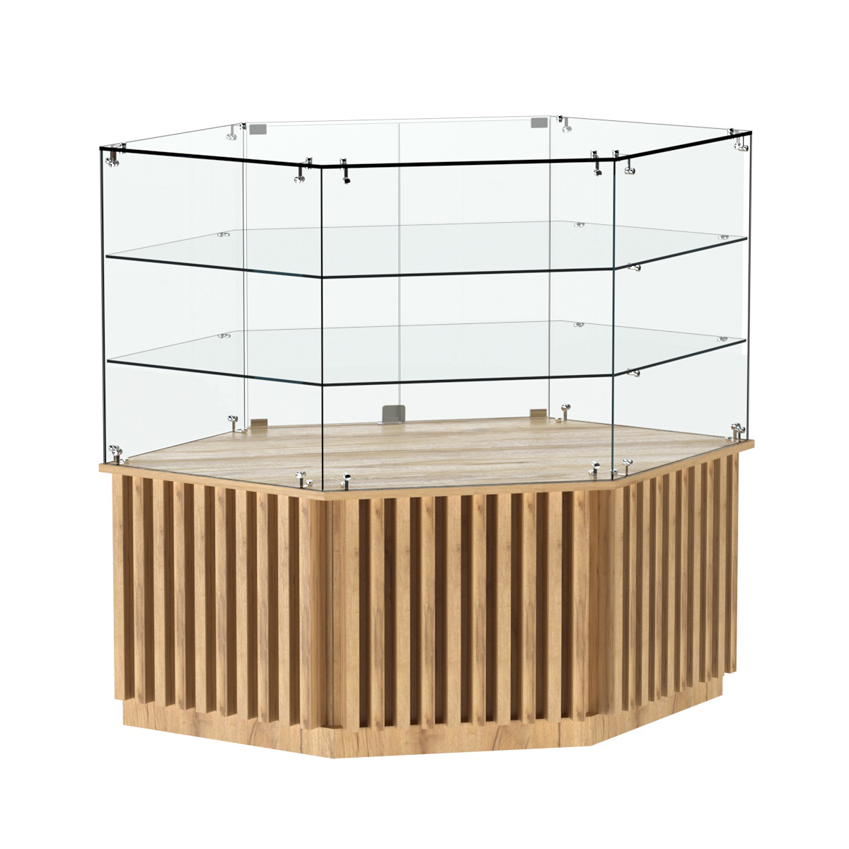 Торговый прилавок низкий шестигранный с планками и двумя полками серии ВЕРТИКАЛЬ №37 Дуб Золотистый