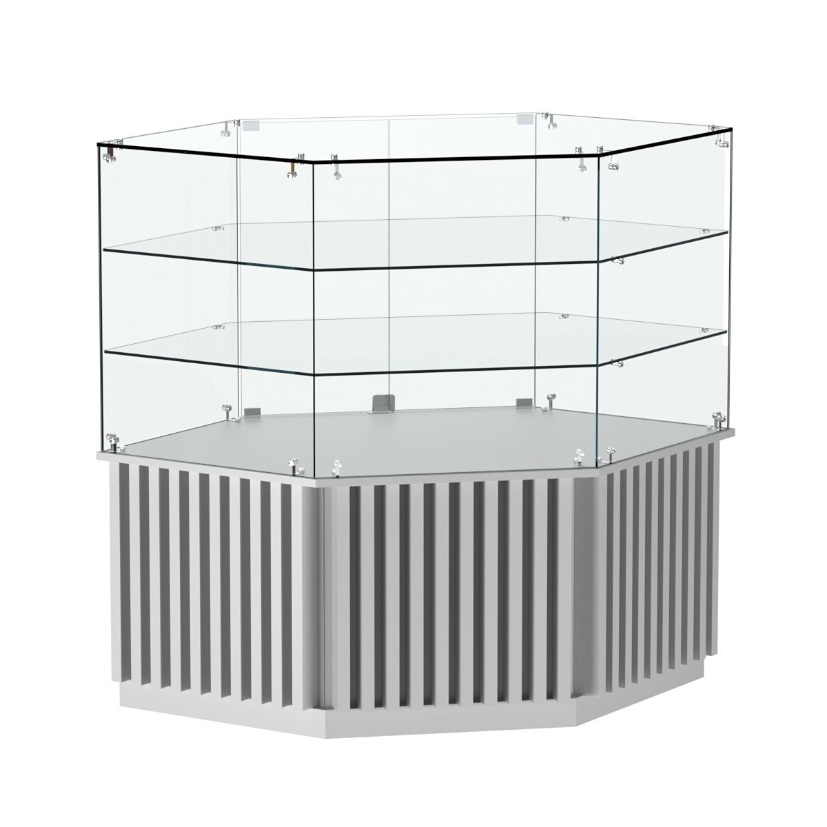 Торговый прилавок низкий шестигранный с планками и двумя полками серии ВЕРТИКАЛЬ №37 Серый