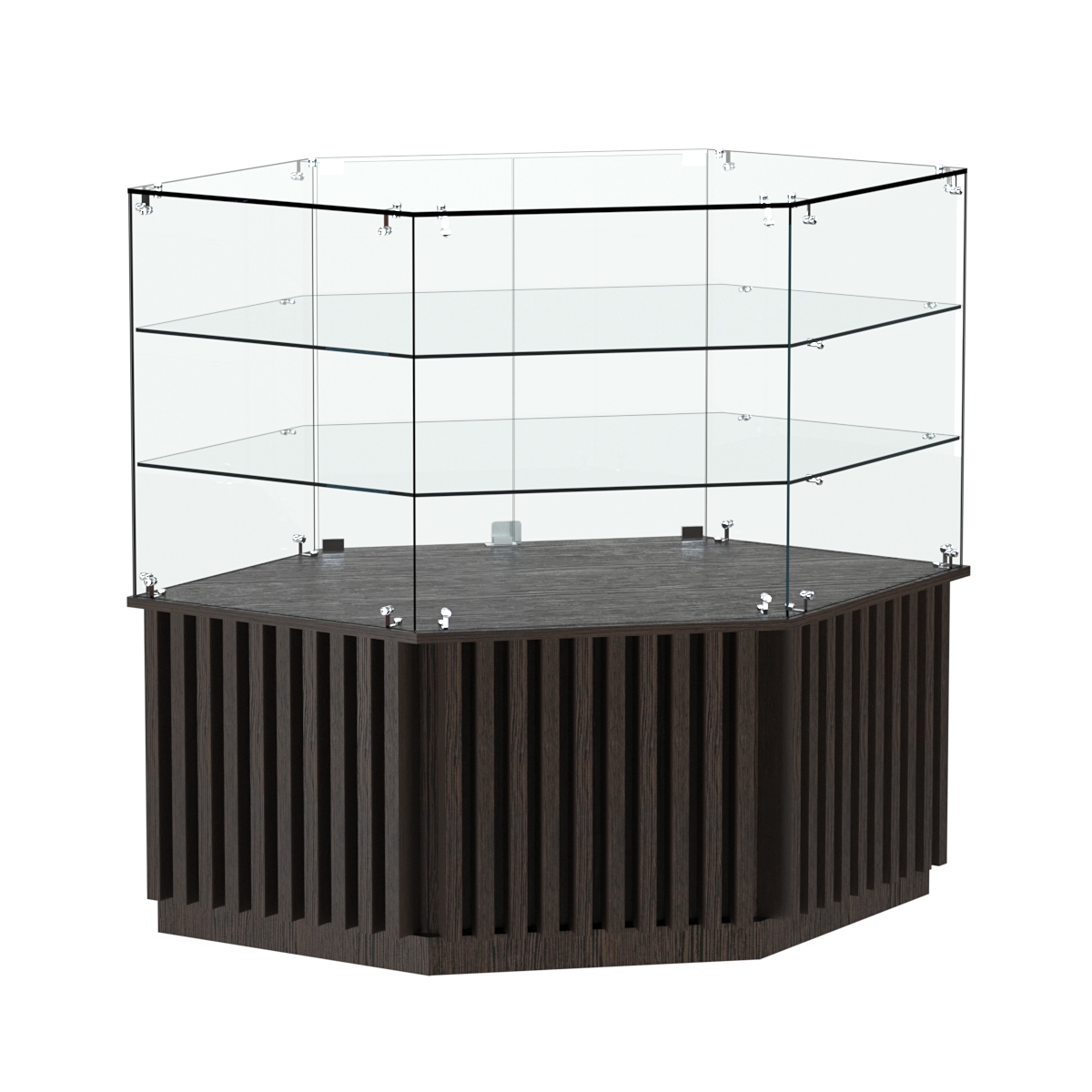 Торговый прилавок низкий шестигранный с планками и двумя полками серии ВЕРТИКАЛЬ №37 Дуб Венге