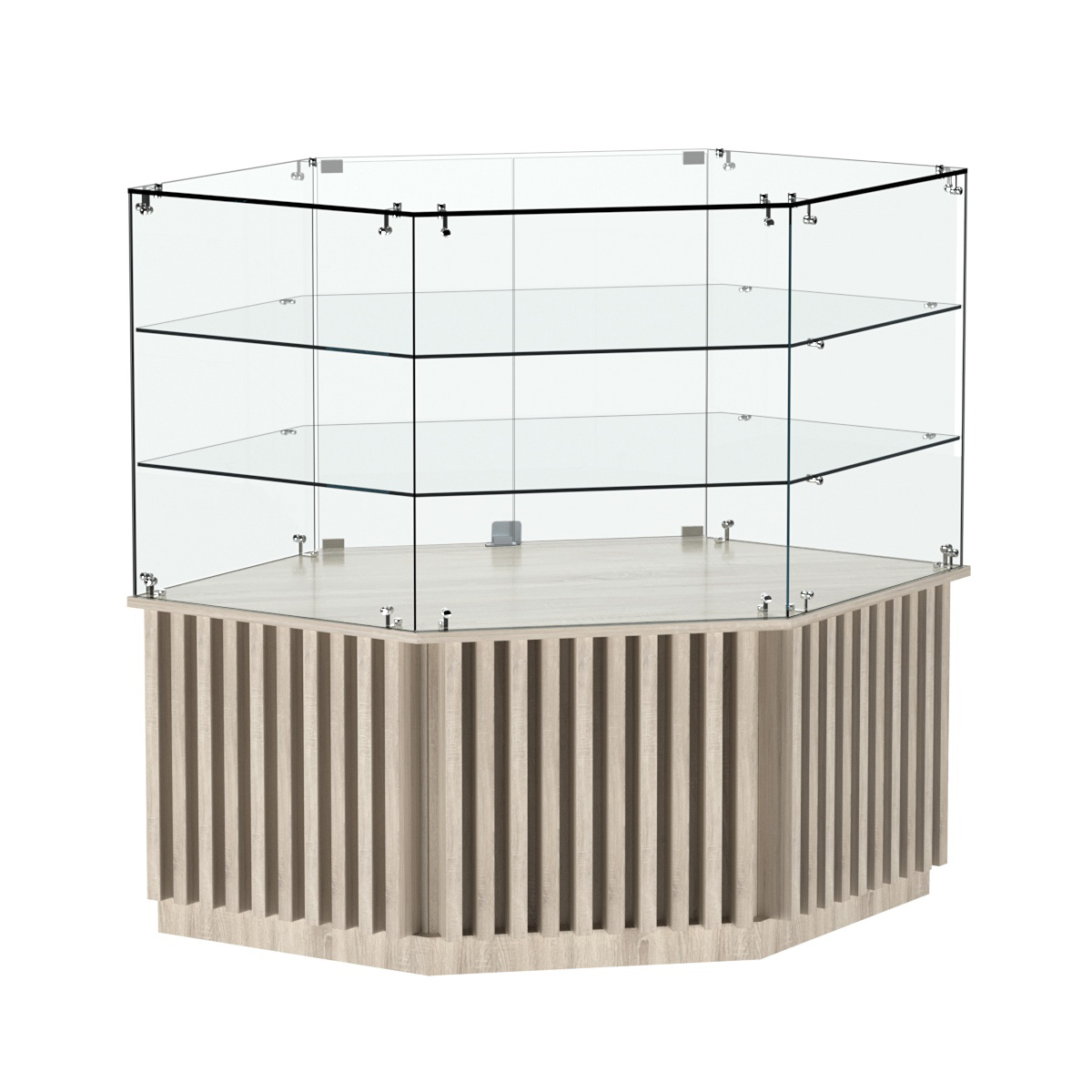 Торговый прилавок низкий шестигранный с планками и двумя полками серии ВЕРТИКАЛЬ №37 Дуб сонома