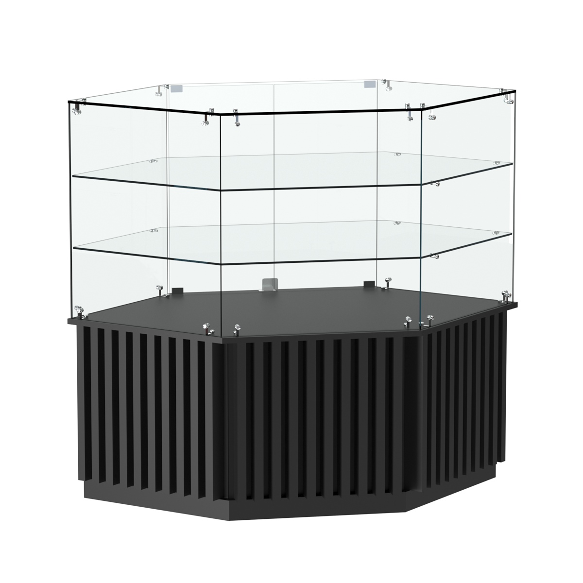 Торговый прилавок низкий шестигранный с планками и двумя полками серии ВЕРТИКАЛЬ №37 Черный