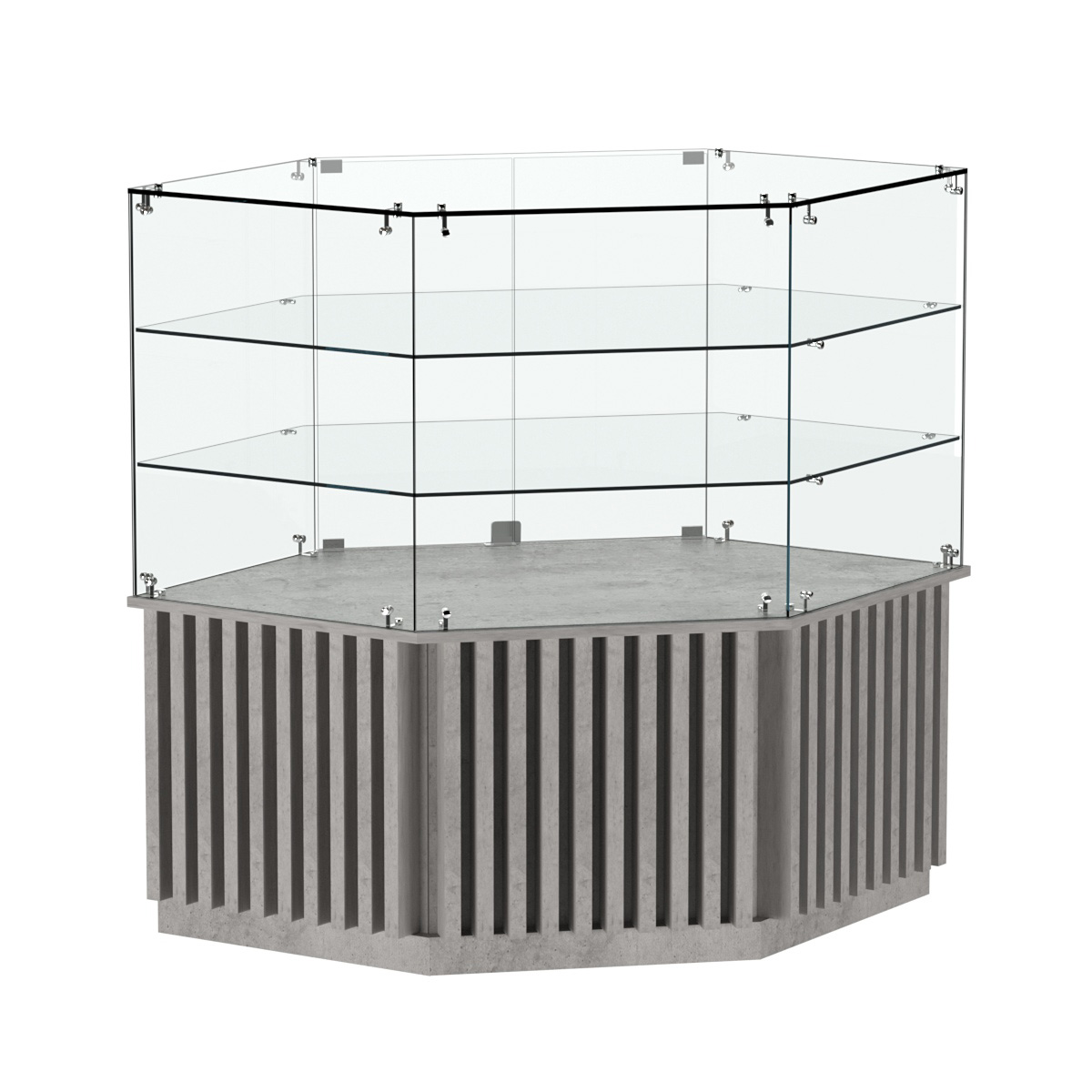 Торговый прилавок низкий шестигранный с планками и двумя полками серии ВЕРТИКАЛЬ №37 Бетон Чикаго светло-серый F186 ST9