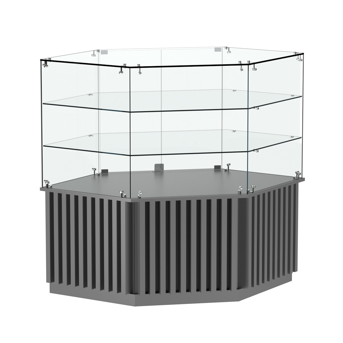 Торговый прилавок низкий шестигранный с планками и двумя полками серии ВЕРТИКАЛЬ №37 Темно-Серый