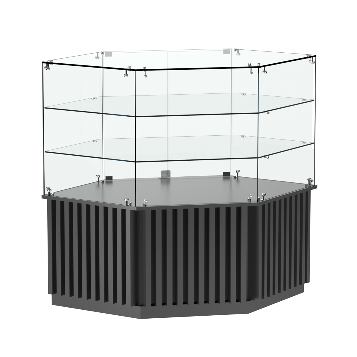 Торговый прилавок низкий шестигранный с планками и двумя полками серии ВЕРТИКАЛЬ №37 Антрацит