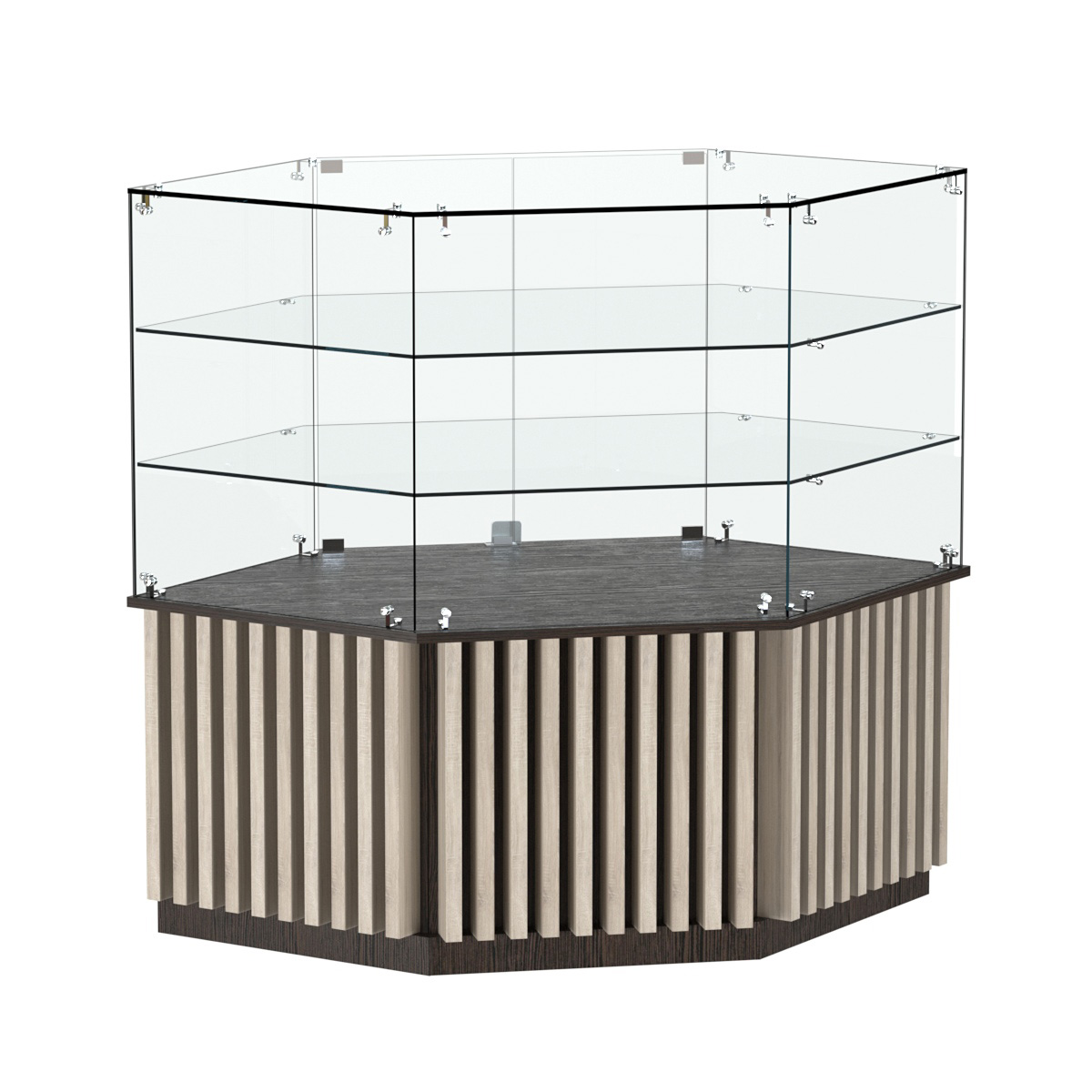 Торговый прилавок низкий шестигранный с планками и двумя полками серии ВЕРТИКАЛЬ №37 Дуб Венге и Дуб Сонома