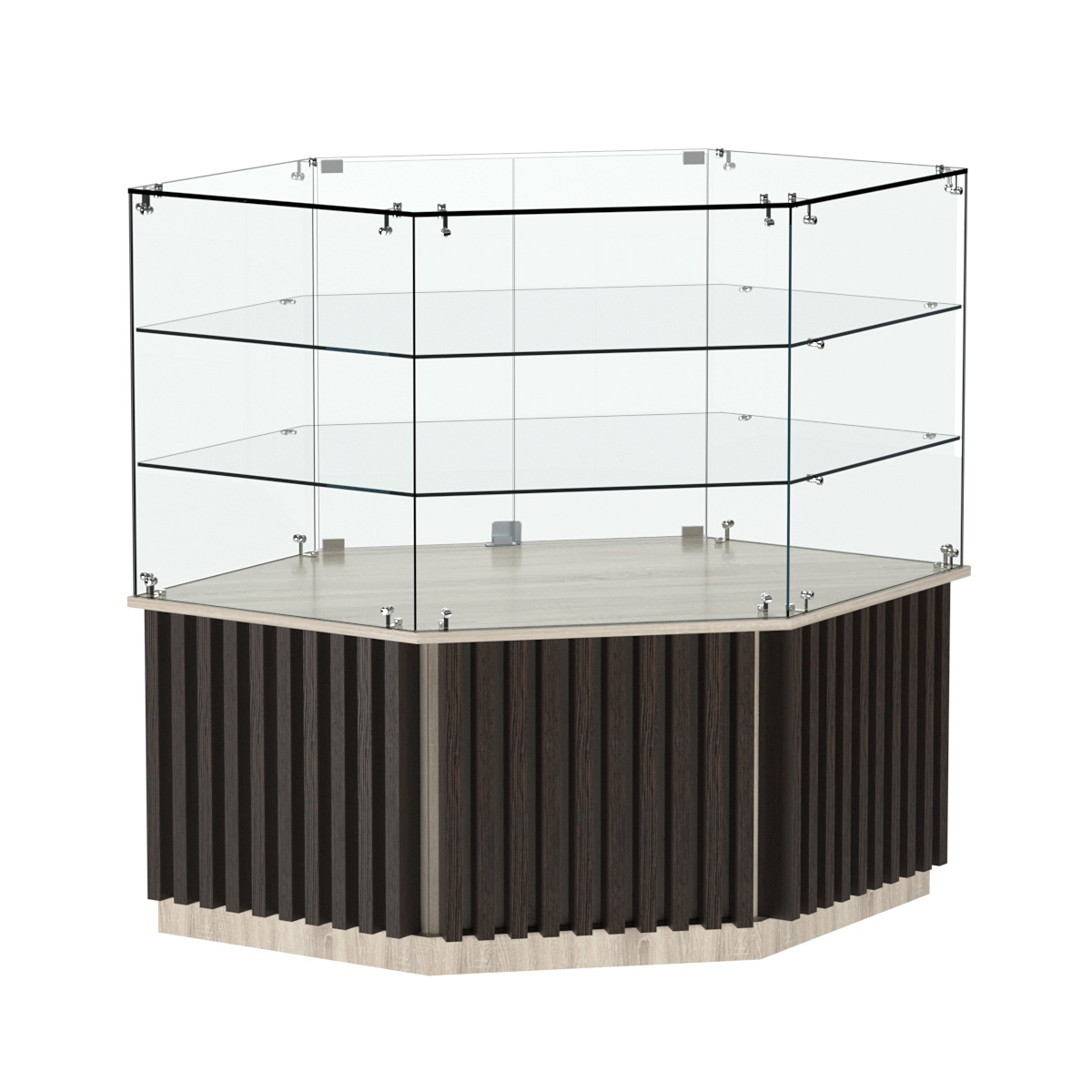 Торговый прилавок низкий шестигранный с планками и двумя полками серии ВЕРТИКАЛЬ №37 Дуб Сонома + Дуб Венге