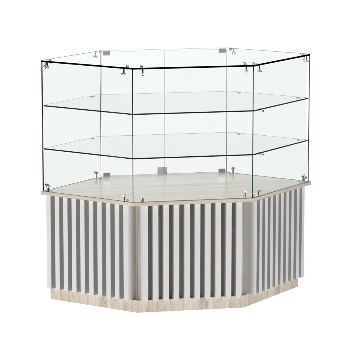 Торговый прилавок низкий шестигранный с планками и двумя полками серии ВЕРТИКАЛЬ №37 Дуб Сонома + Белый