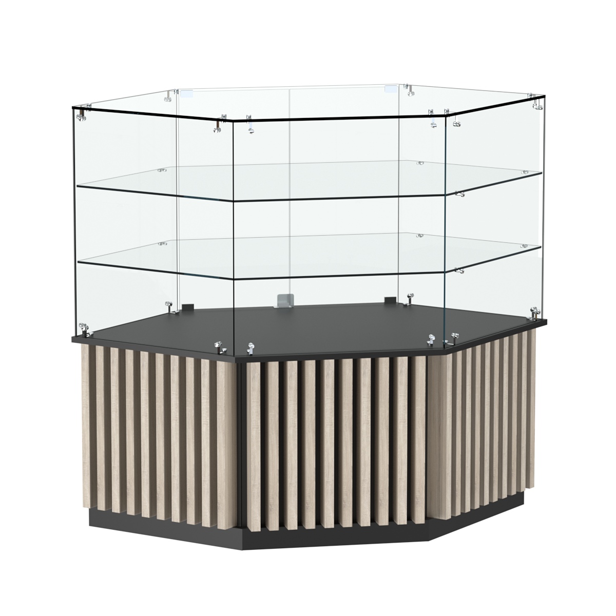 Торговый прилавок низкий шестигранный с планками и двумя полками серии ВЕРТИКАЛЬ №37 Черный + Дуб Сонома