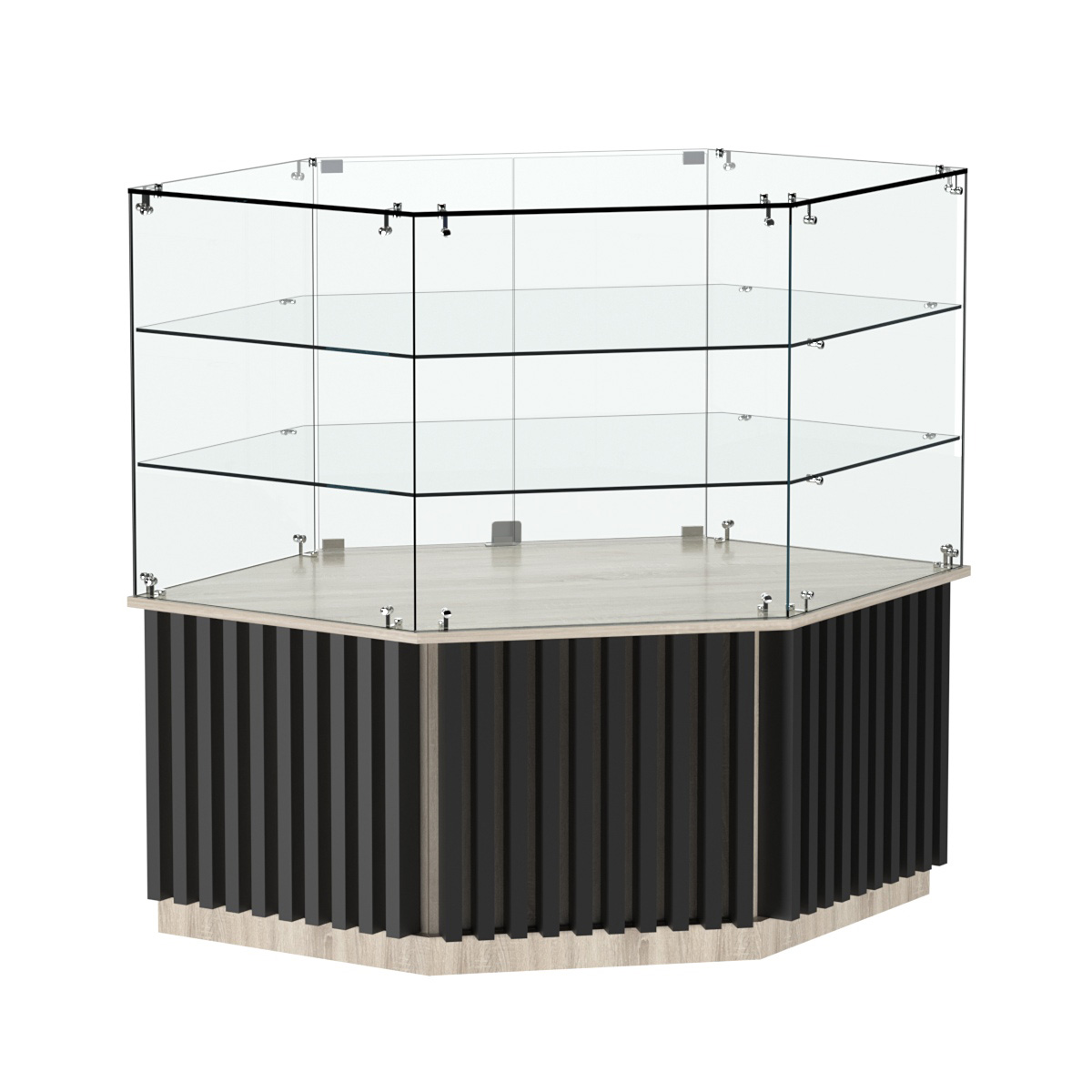 Торговый прилавок низкий шестигранный с планками и двумя полками серии ВЕРТИКАЛЬ №37 Дуб Сонома + Черный