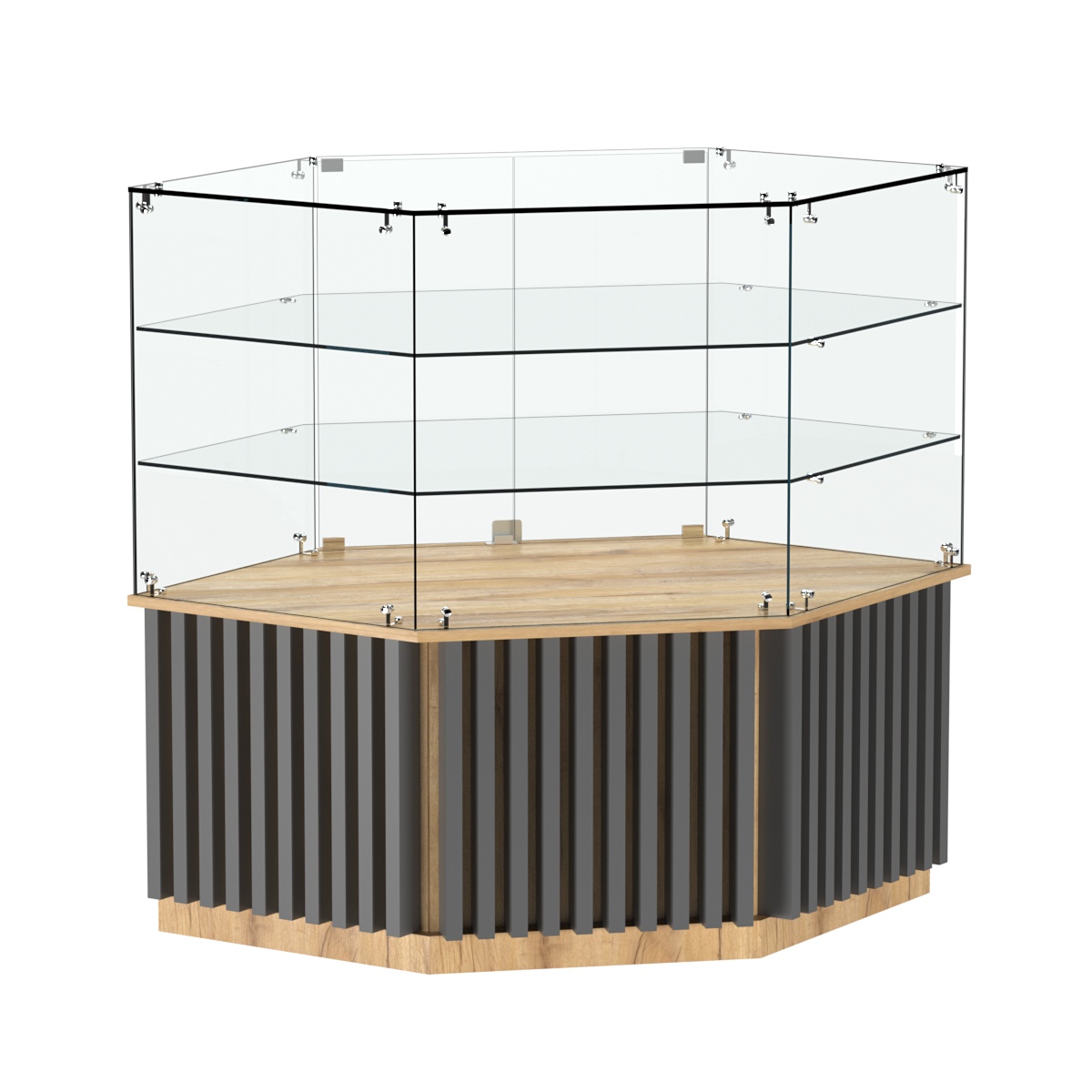 Торговый прилавок низкий шестигранный с планками и двумя полками серии ВЕРТИКАЛЬ №37 Дуб Золотистый и Темно-Серый