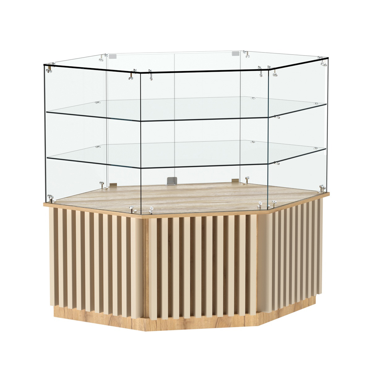 Торговый прилавок низкий шестигранный с планками и двумя полками серии ВЕРТИКАЛЬ №37 Дуб Золотистый и Крем Вайс