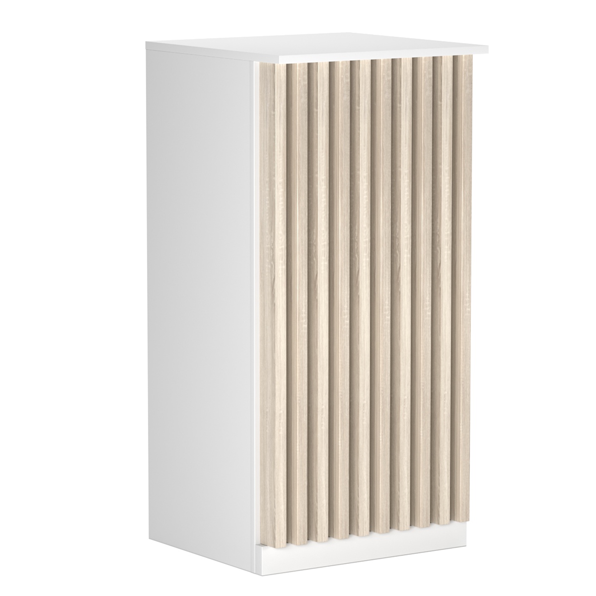 Торговый стол-прилавок квадратный для выдачи товара с планками серии ВЕРТИКАЛЬ №21 Белый + Дуб Сонома