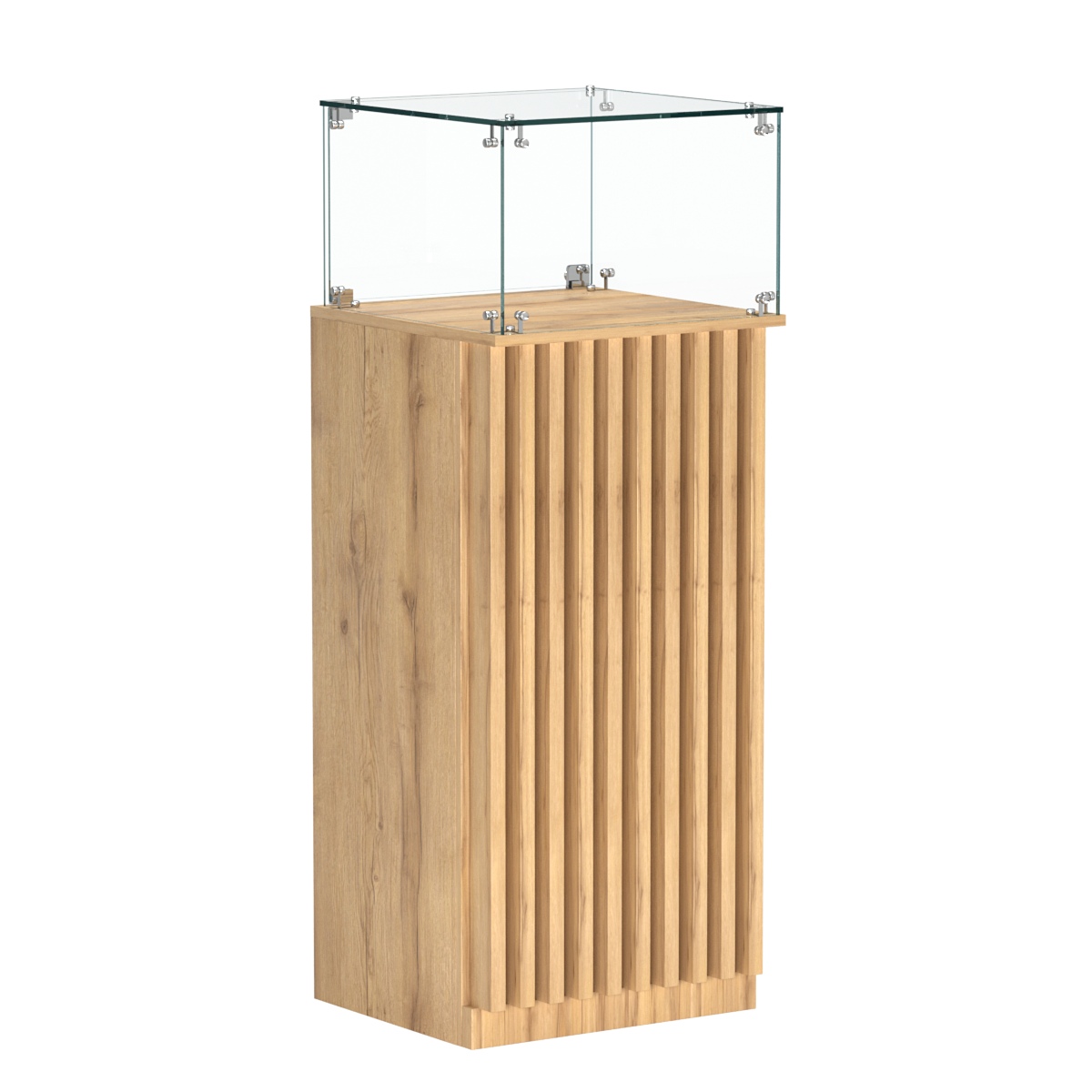 Торговый прилавок высокий квадратный с планками и стеклянным колпаком серии ВЕРТИКАЛЬ №11 Дуб Золотистый