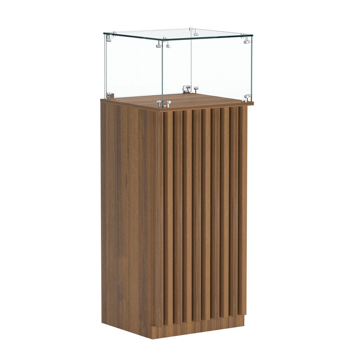 Торговый прилавок высокий квадратный с планками и стеклянным колпаком серии ВЕРТИКАЛЬ №11 Орех