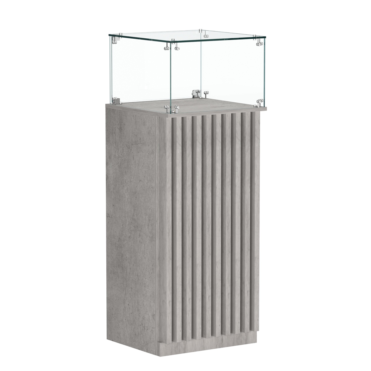 Торговый прилавок высокий квадратный с планками и стеклянным колпаком серии ВЕРТИКАЛЬ №11 Бетон Чикаго светло-серый F186 ST9