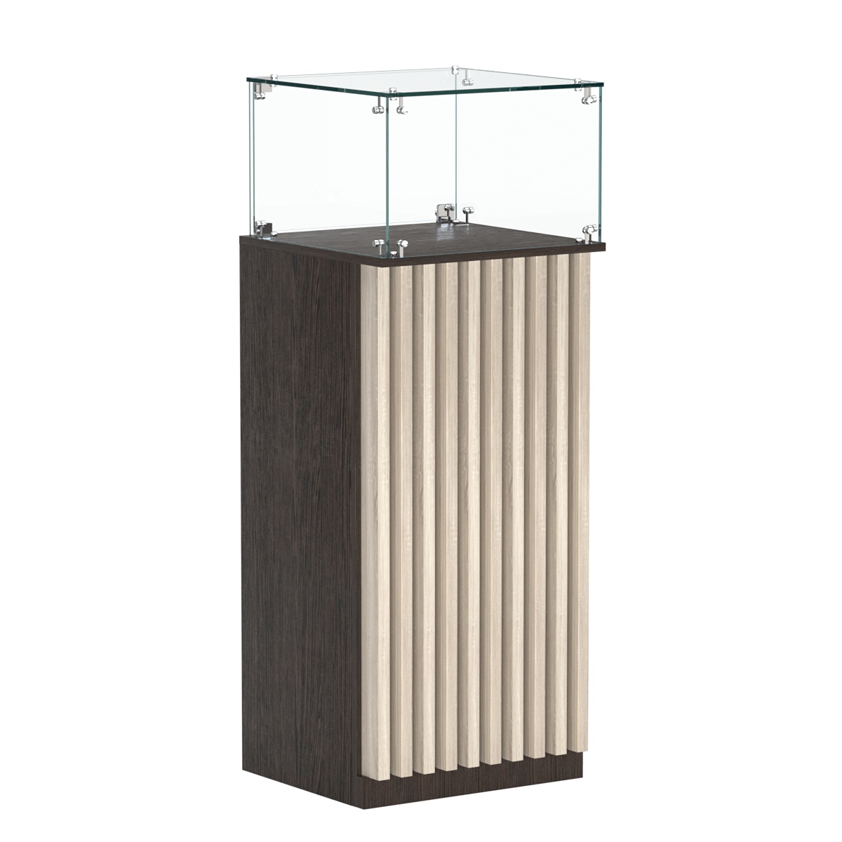 Торговый прилавок высокий квадратный с планками и стеклянным колпаком серии ВЕРТИКАЛЬ №11 Дуб Венге и Дуб Сонома