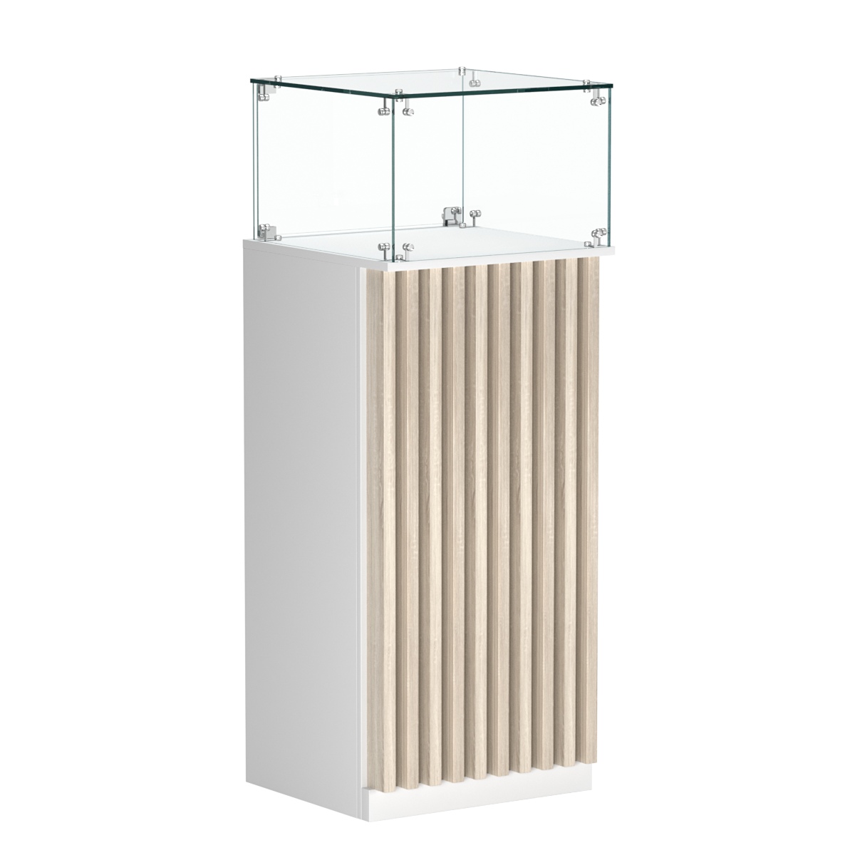 Торговый прилавок высокий квадратный с планками и стеклянным колпаком серии ВЕРТИКАЛЬ №11 Белый + Дуб Сонома