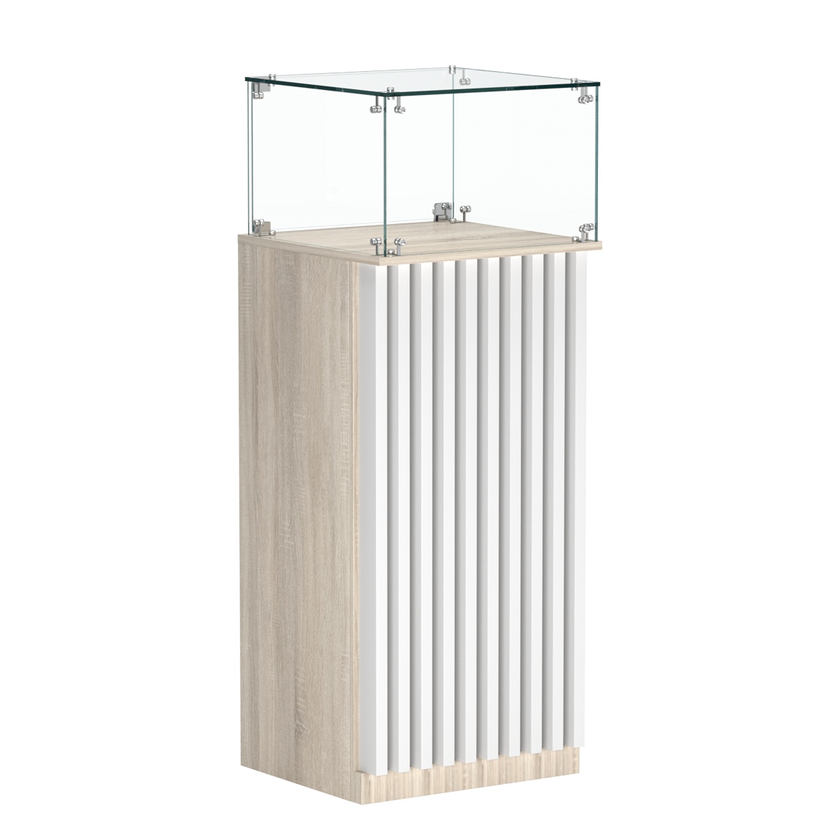 Торговый прилавок высокий квадратный с планками и стеклянным колпаком серии ВЕРТИКАЛЬ №11 Дуб Сонома + Белый