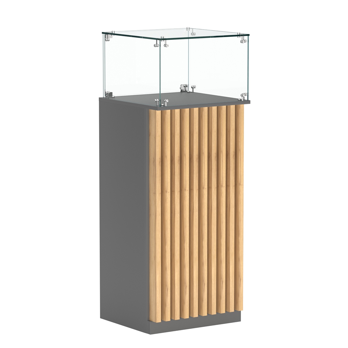 Торговый прилавок высокий квадратный с планками и стеклянным колпаком серии ВЕРТИКАЛЬ №11 Темно-серый и Дуб Золотистый