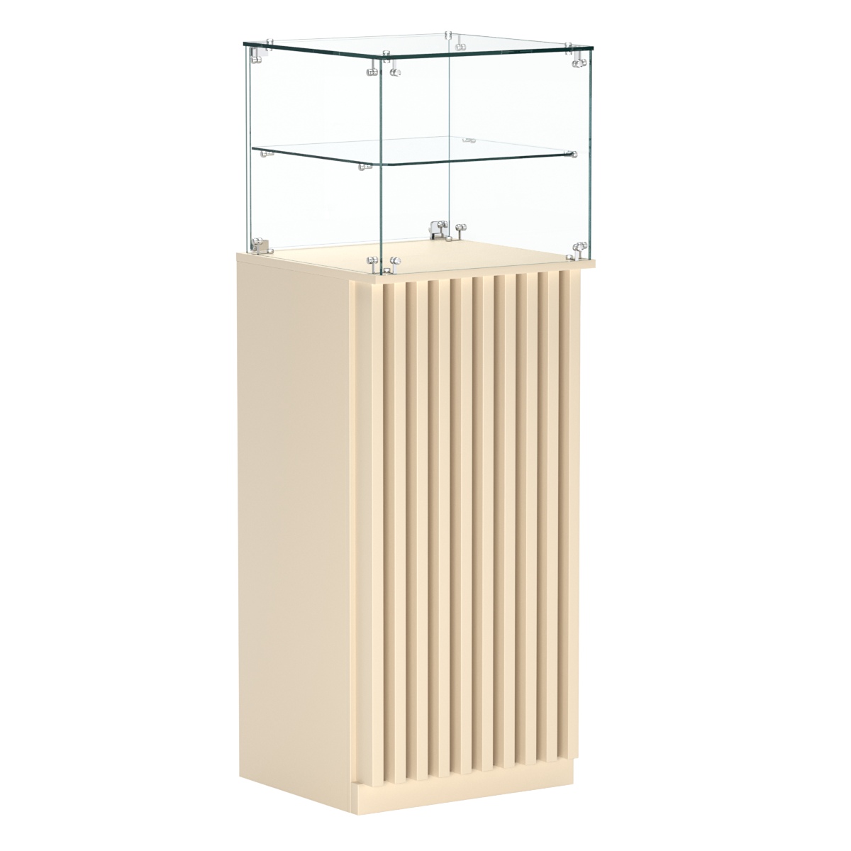 Торговый прилавок высокий квадратный с планками и одной полкой серии ВЕРТИКАЛЬ №12 Крем Вайс