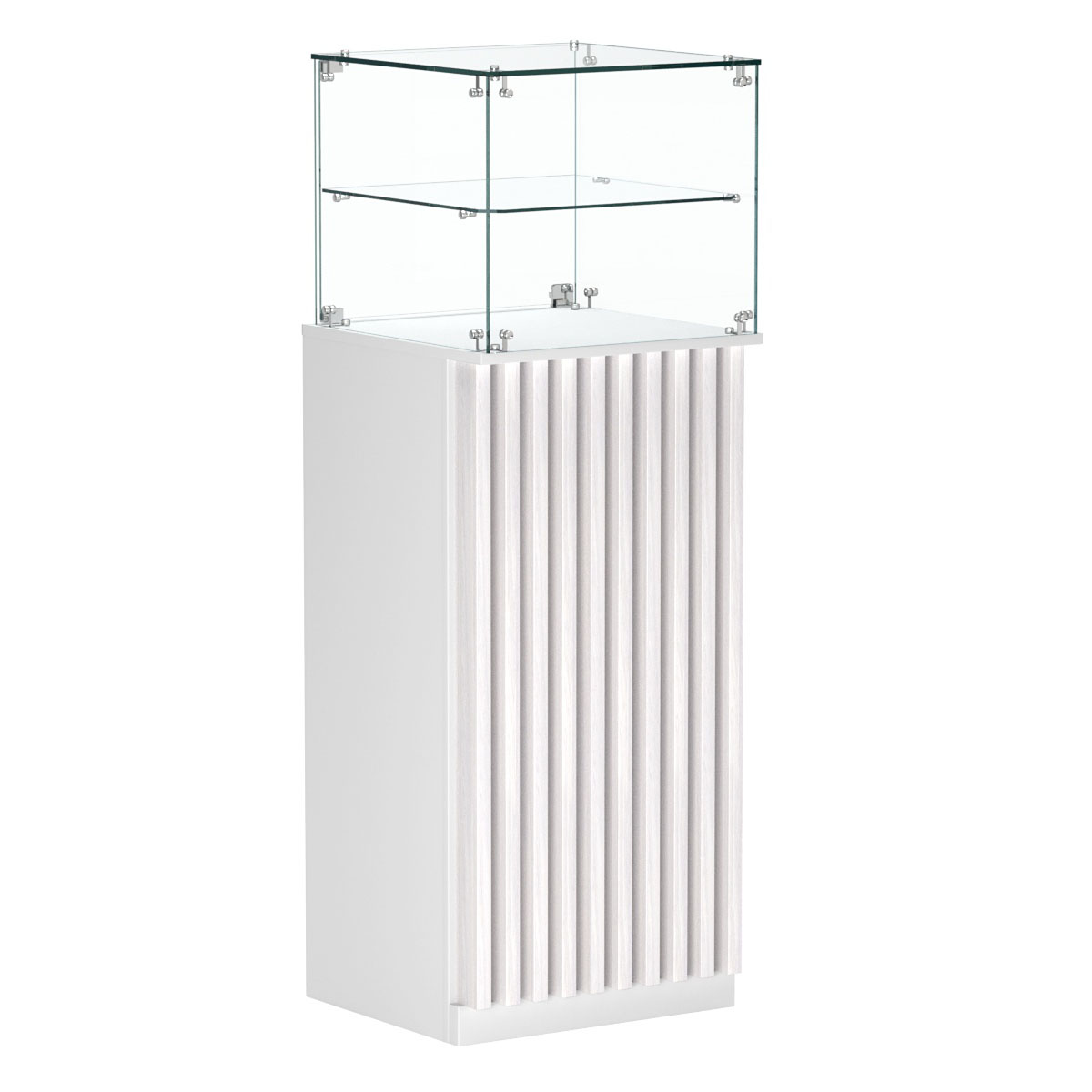 Торговый прилавок высокий квадратный с планками и одной полкой серии ВЕРТИКАЛЬ №12 Белый