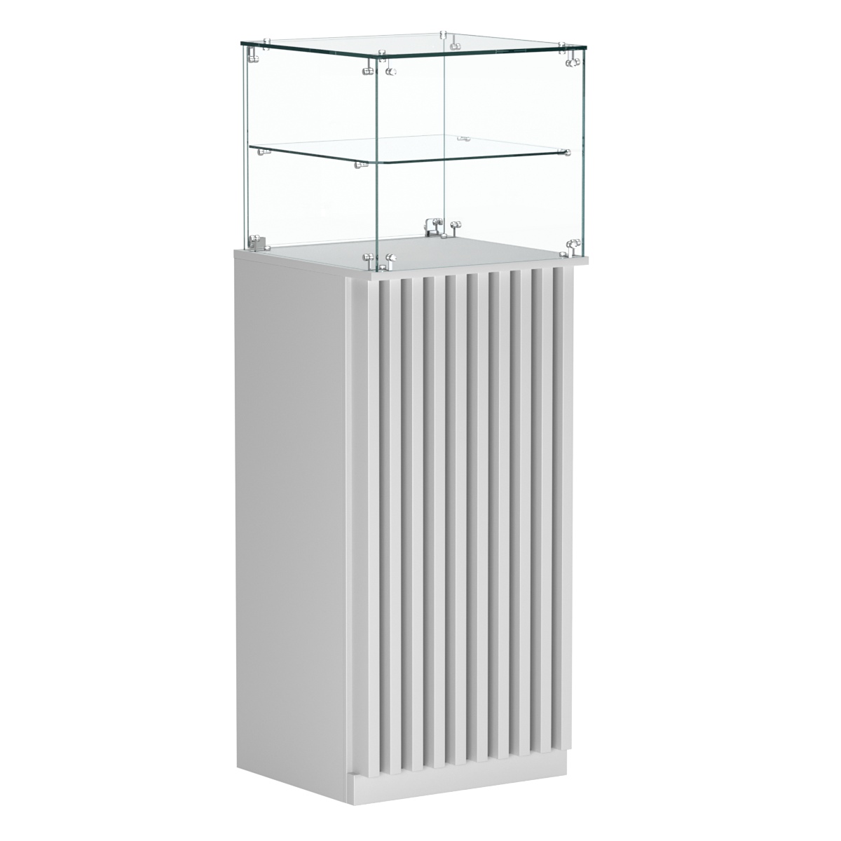 Торговый прилавок высокий квадратный с планками и одной полкой серии ВЕРТИКАЛЬ №12 Серый