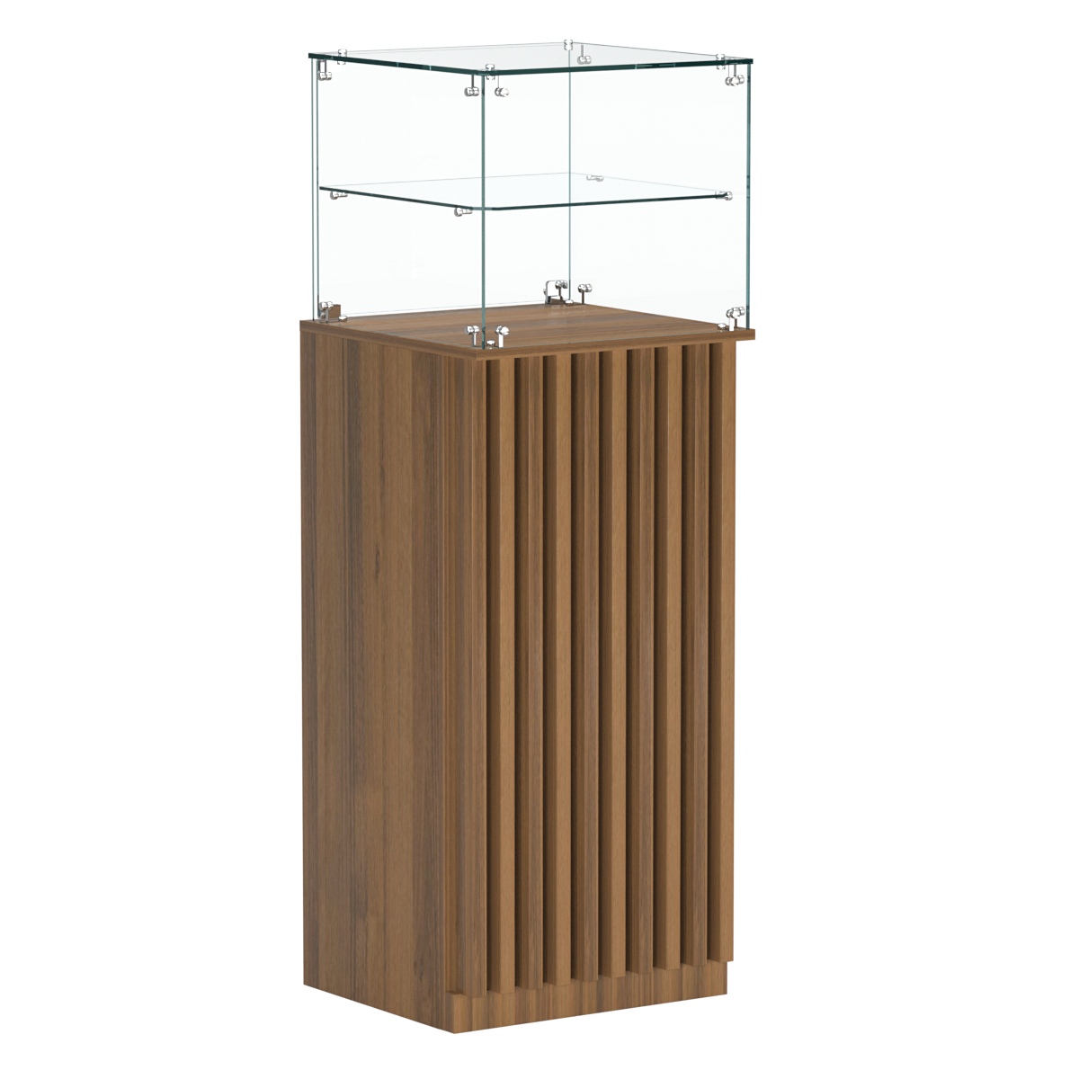 Торговый прилавок высокий квадратный с планками и одной полкой серии ВЕРТИКАЛЬ №12 Орех