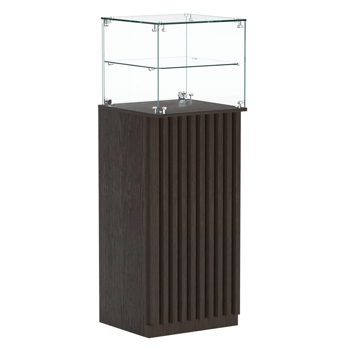 Торговый прилавок высокий квадратный с планками и одной полкой серии ВЕРТИКАЛЬ №12 Дуб Венге