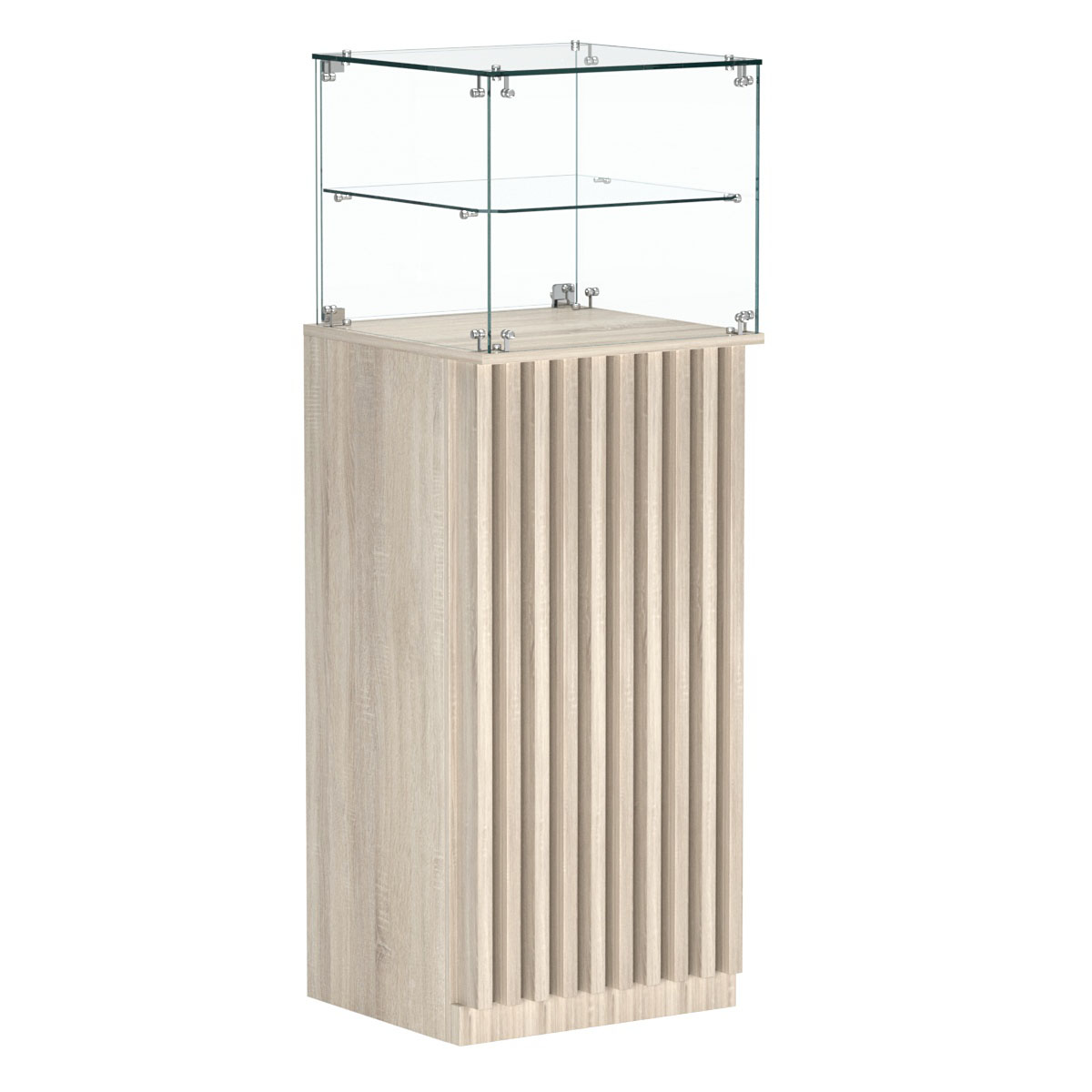 Торговый прилавок высокий квадратный с планками и одной полкой серии ВЕРТИКАЛЬ №12 Дуб сонома