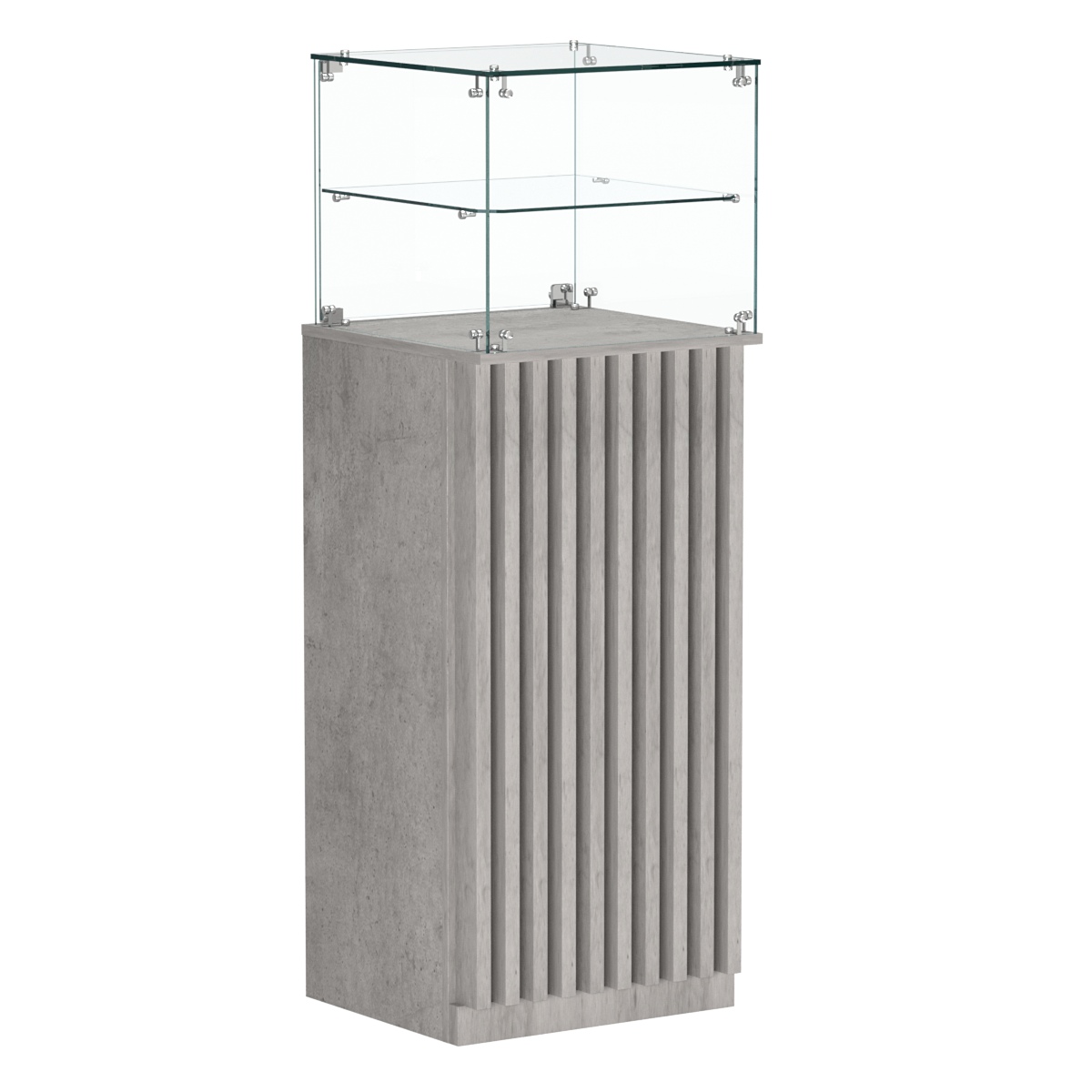 Торговый прилавок высокий квадратный с планками и одной полкой серии ВЕРТИКАЛЬ №12 Бетон Чикаго светло-серый F186 ST9