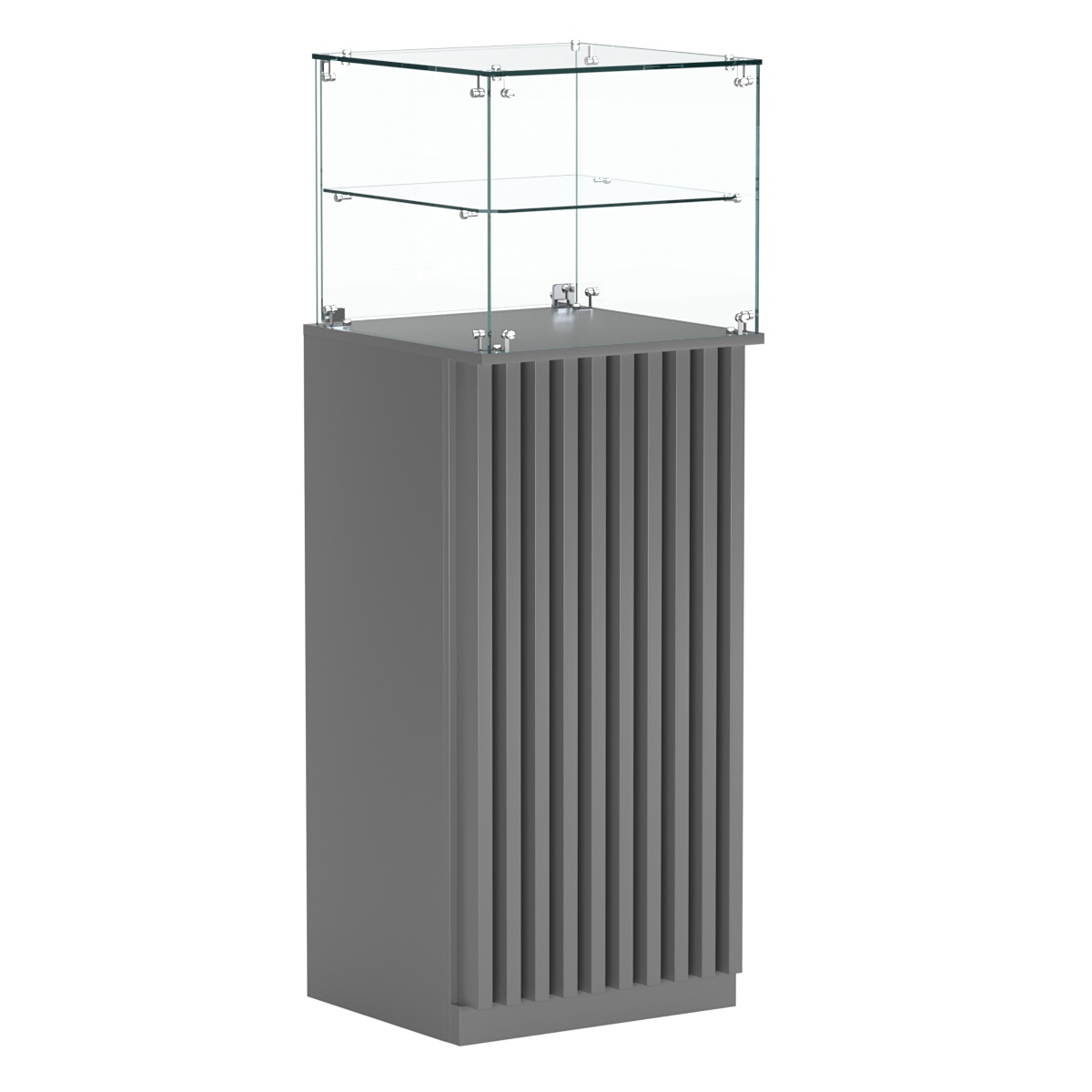 Торговый прилавок высокий квадратный с планками и одной полкой серии ВЕРТИКАЛЬ №12 Темно-Серый