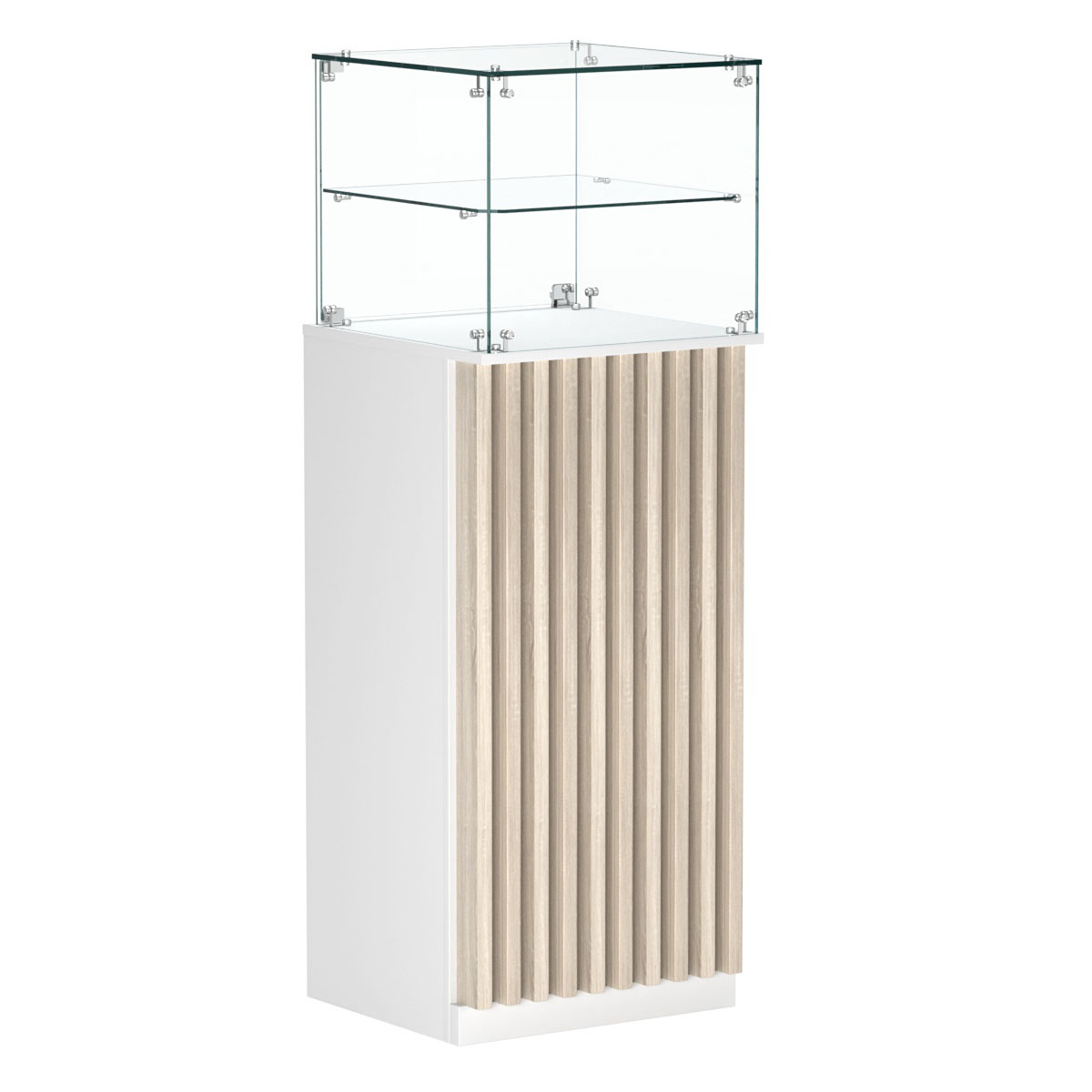 Торговый прилавок высокий квадратный с планками и одной полкой серии ВЕРТИКАЛЬ №12 Белый + Дуб Сонома