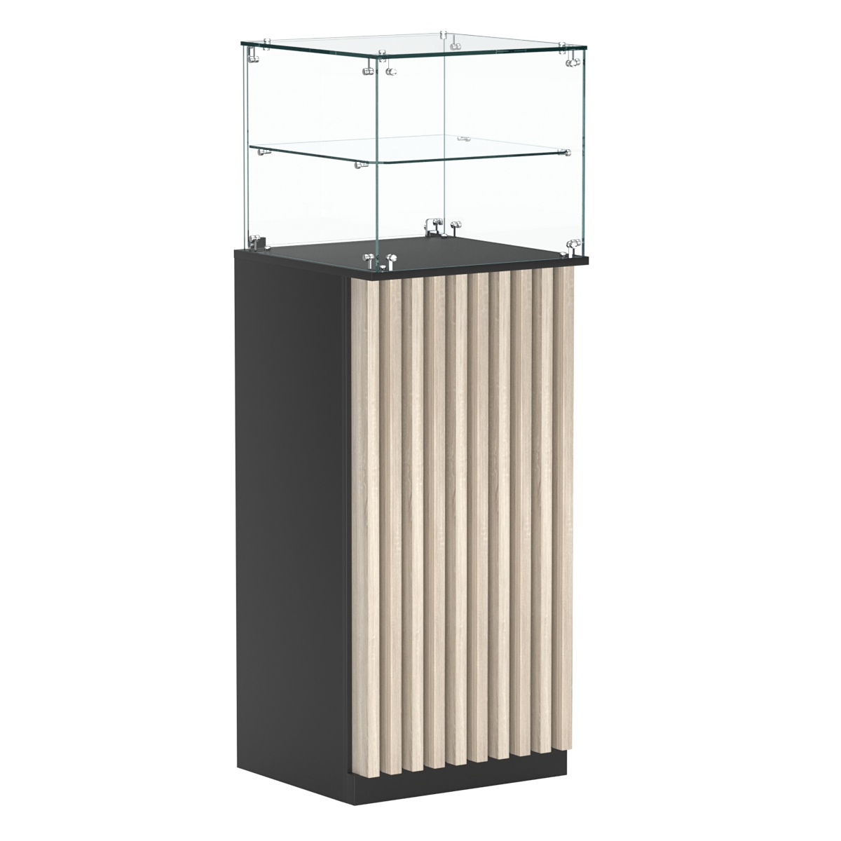 Торговый прилавок высокий квадратный с планками и одной полкой серии ВЕРТИКАЛЬ №12 Черный + Дуб Сонома