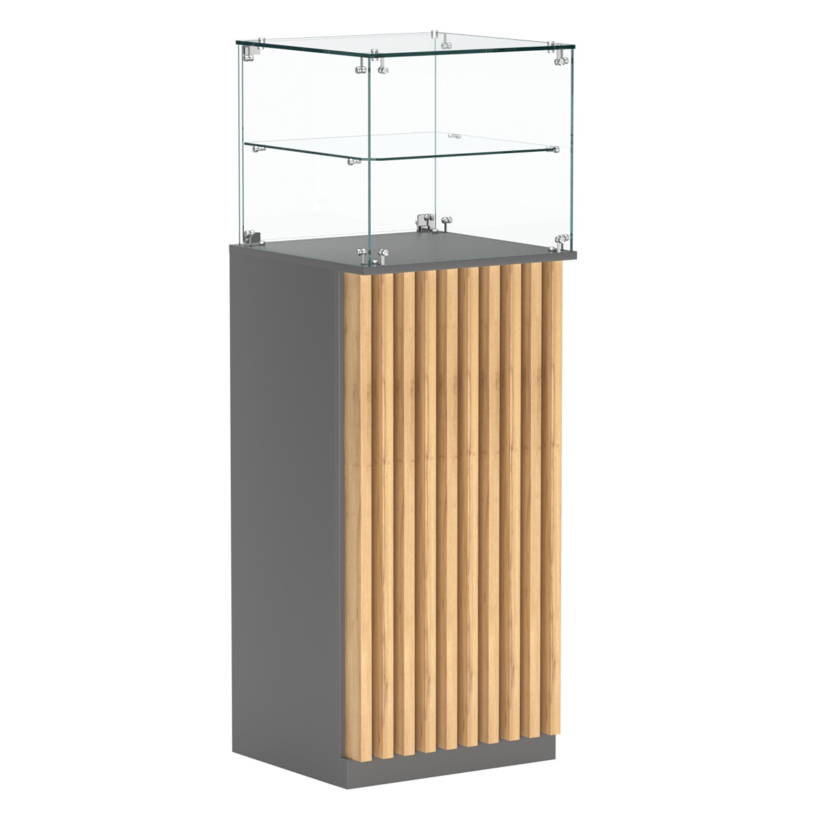 Торговый прилавок высокий квадратный с планками и одной полкой серии ВЕРТИКАЛЬ №12 Темно-серый и Дуб Золотистый