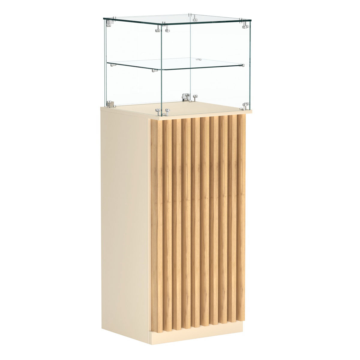 Торговый прилавок высокий квадратный с планками и одной полкой серии ВЕРТИКАЛЬ №12 Крем Вайс и Дуб Золотистый