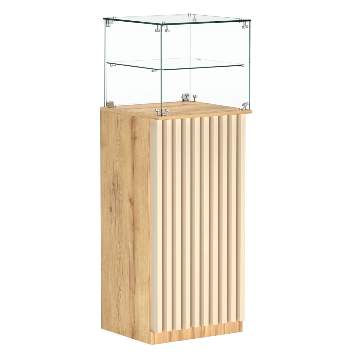 Торговый прилавок высокий квадратный с планками и одной полкой серии ВЕРТИКАЛЬ №12 Дуб Золотистый и Крем Вайс