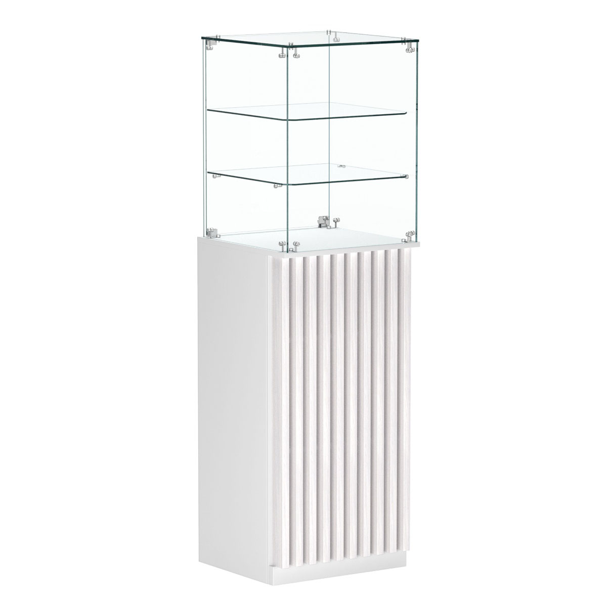 Торговый прилавок высокий квадратный с планками и двумя полками серии ВЕРТИКАЛЬ №13 Белый