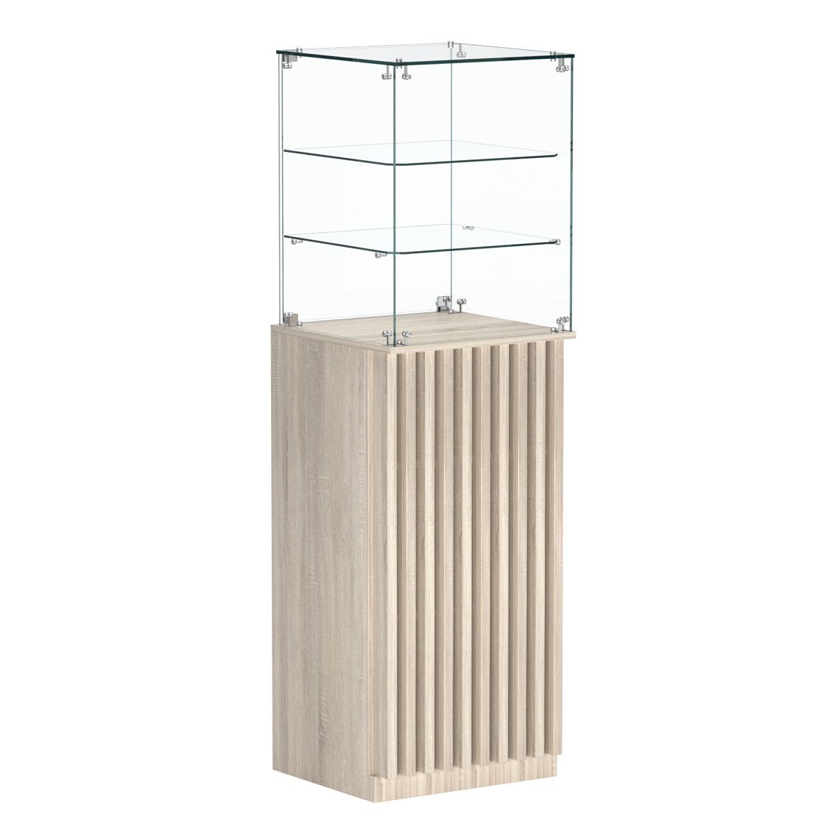 Торговый прилавок высокий квадратный с планками и двумя полками серии ВЕРТИКАЛЬ №13 Дуб сонома