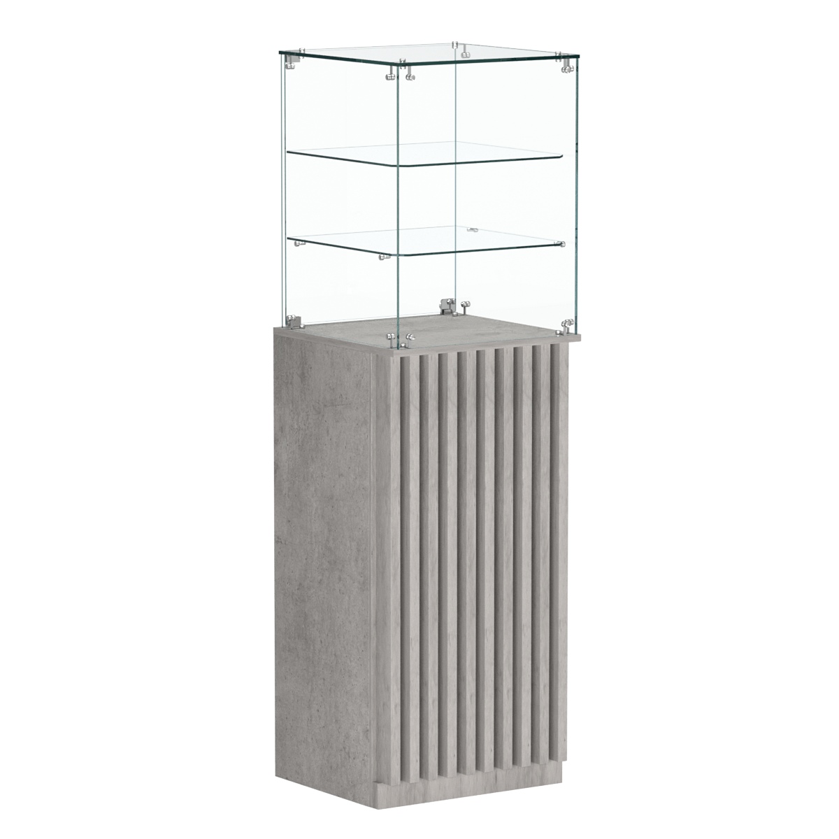 Торговый прилавок высокий квадратный с планками и двумя полками серии ВЕРТИКАЛЬ №13 Бетон Чикаго светло-серый F186 ST9