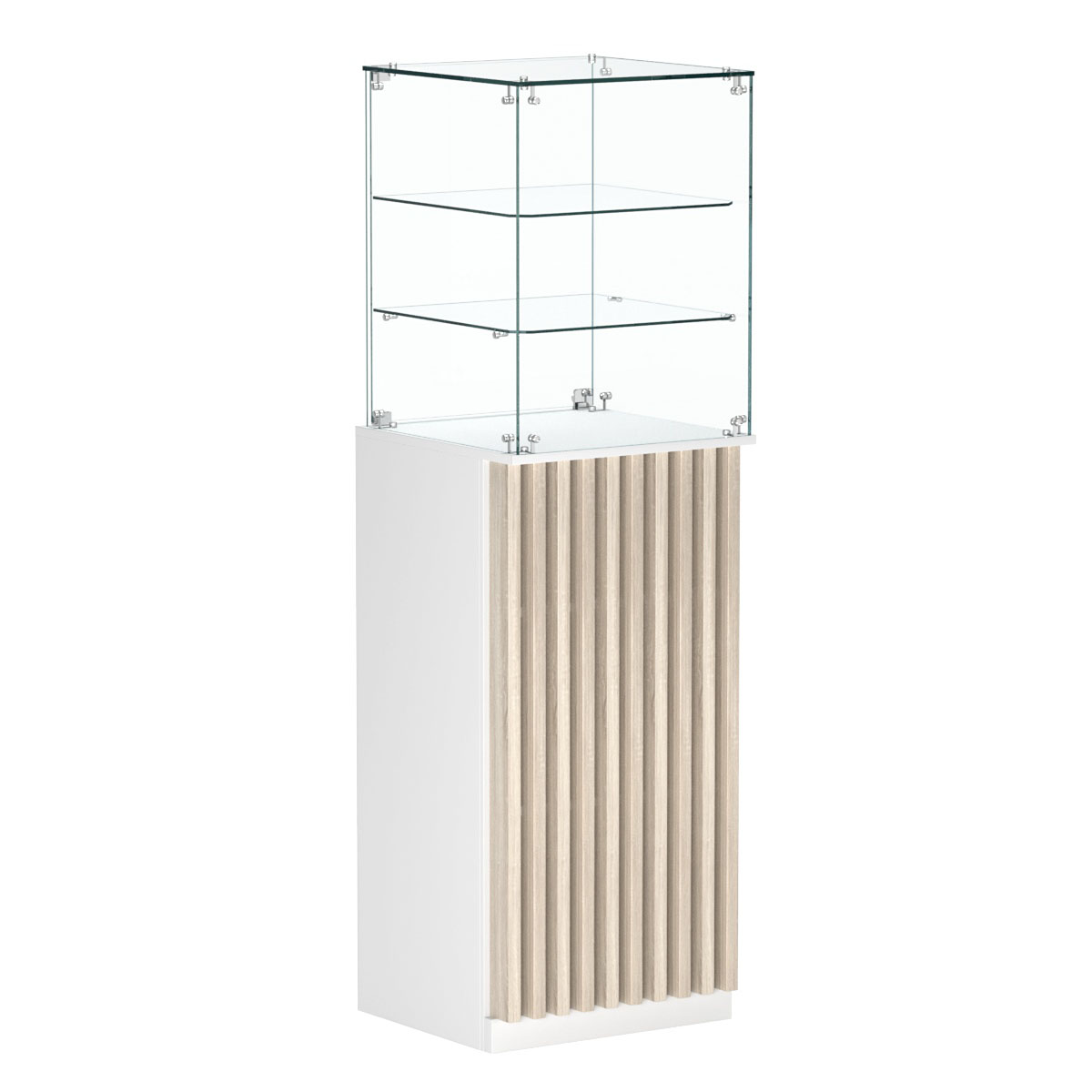 Торговый прилавок высокий квадратный с планками и двумя полками серии ВЕРТИКАЛЬ №13 Белый + Дуб Сонома