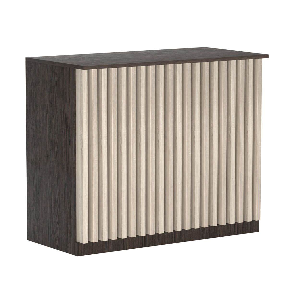 Торговый стол-прилавок широкий с планками серии ВЕРТИКАЛЬ №20 Дуб Венге и Дуб Сонома