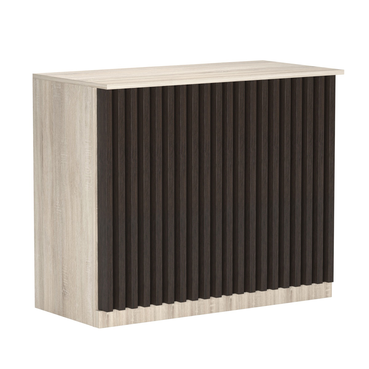 Торговый стол-прилавок широкий с планками серии ВЕРТИКАЛЬ №20 Дуб Сонома + Дуб Венге