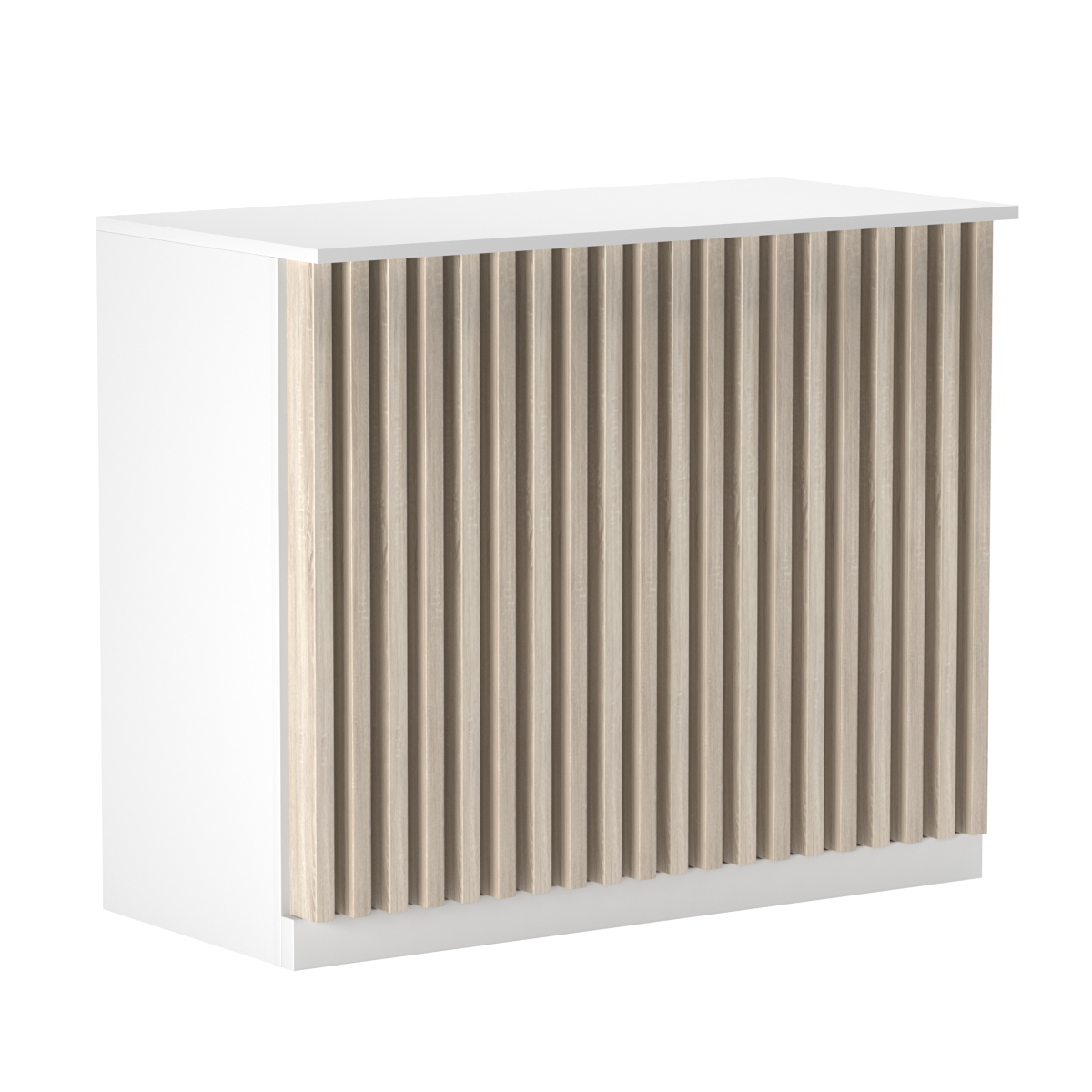Торговый стол-прилавок широкий с планками серии ВЕРТИКАЛЬ №20 Белый + Дуб Сонома