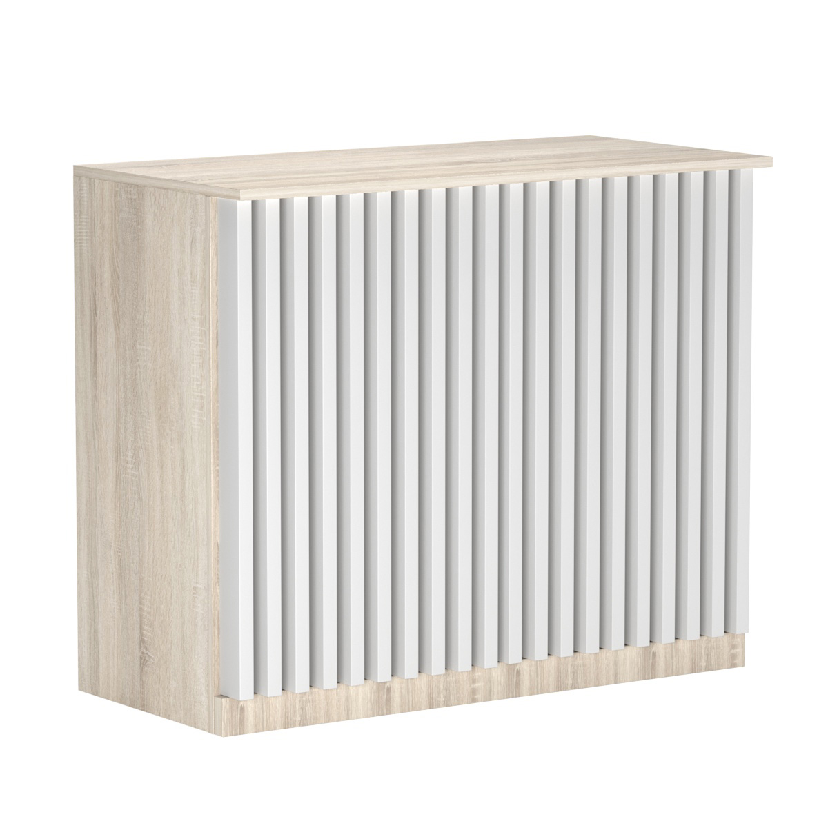 Торговый стол-прилавок широкий с планками серии ВЕРТИКАЛЬ №20 Дуб Сонома + Белый