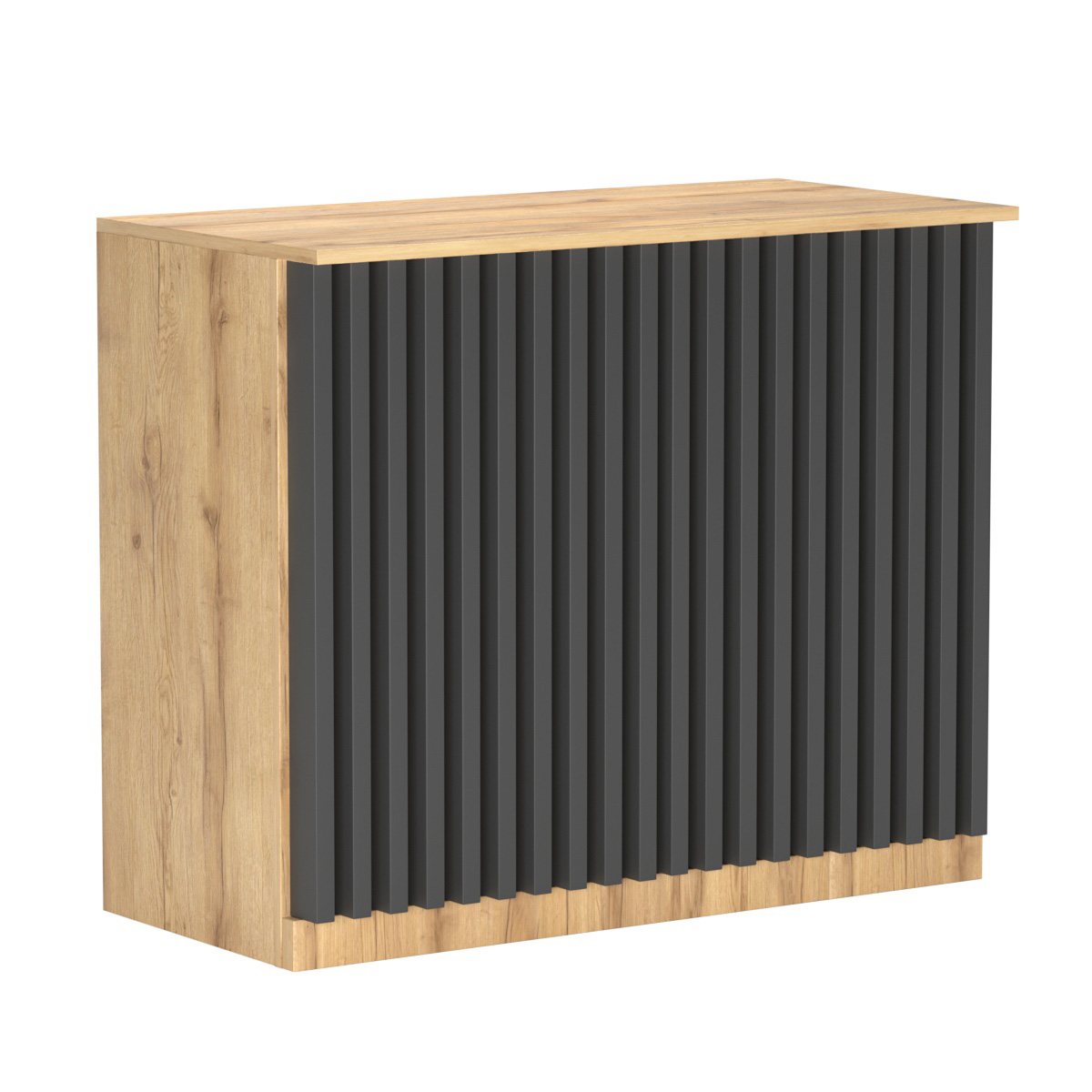 Торговый стол-прилавок широкий с планками серии ВЕРТИКАЛЬ №20 Дуб Золотистый и Темно-Серый