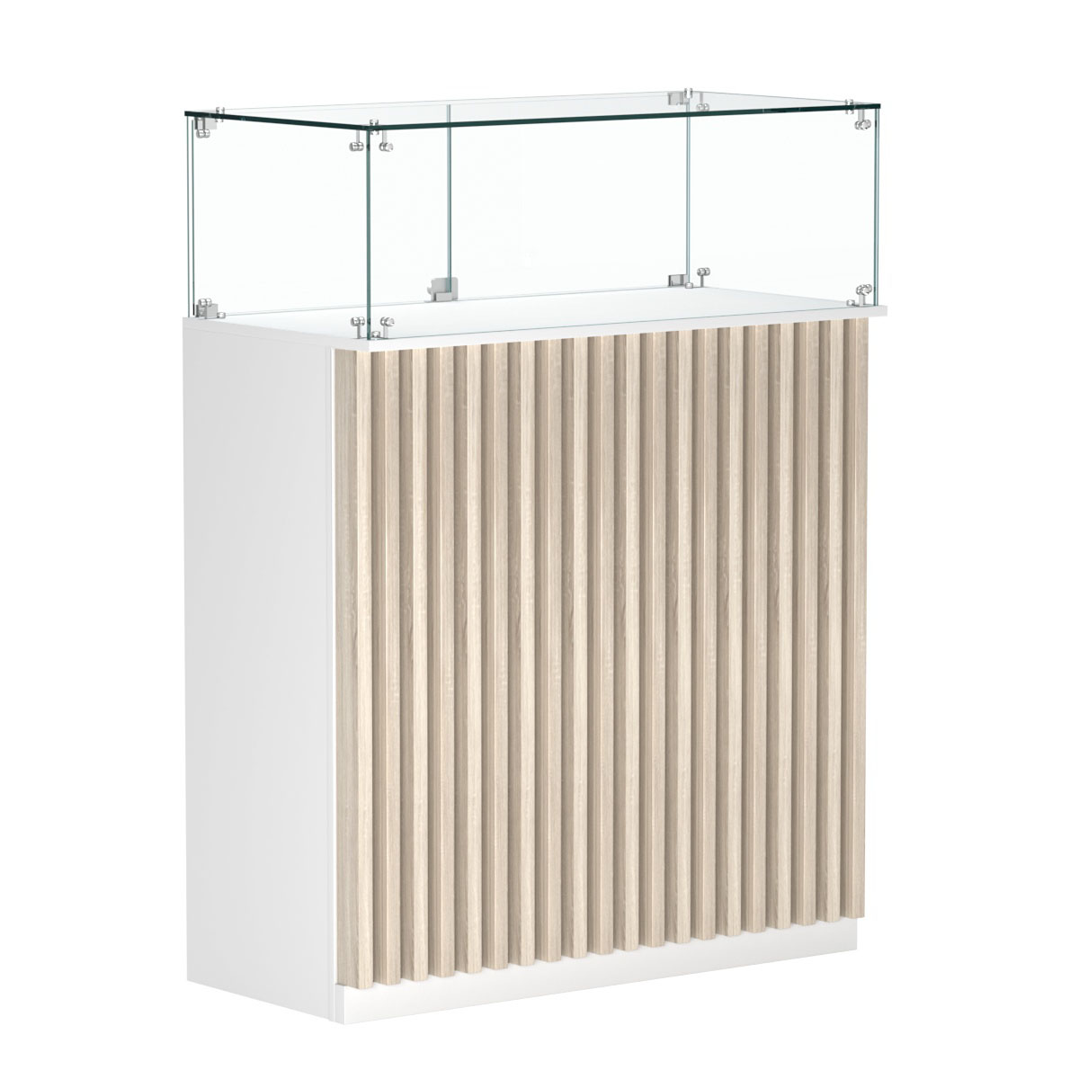 Торговый прилавок прямоугольный с планками и стеклянным колпаком ВЕРТИКАЛЬ №1 Белый + Дуб Сонома