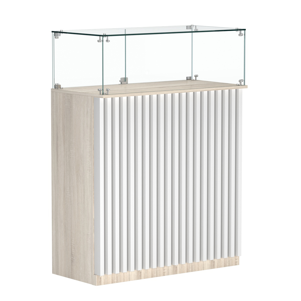 Торговый прилавок прямоугольный с планками и стеклянным колпаком ВЕРТИКАЛЬ №1 Дуб Сонома + Белый