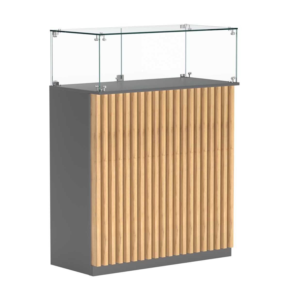 Торговый прилавок прямоугольный с планками и стеклянным колпаком ВЕРТИКАЛЬ №1 Темно-серый и Дуб Золотистый