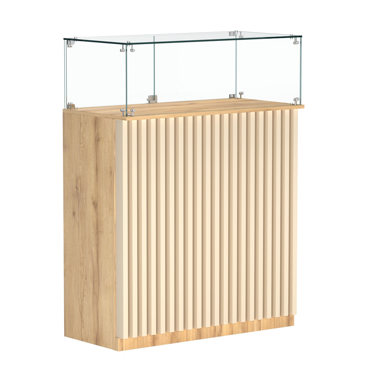 Торговый прилавок прямоугольный с планками и стеклянным колпаком ВЕРТИКАЛЬ №1 Дуб Золотистый и Крем Вайс